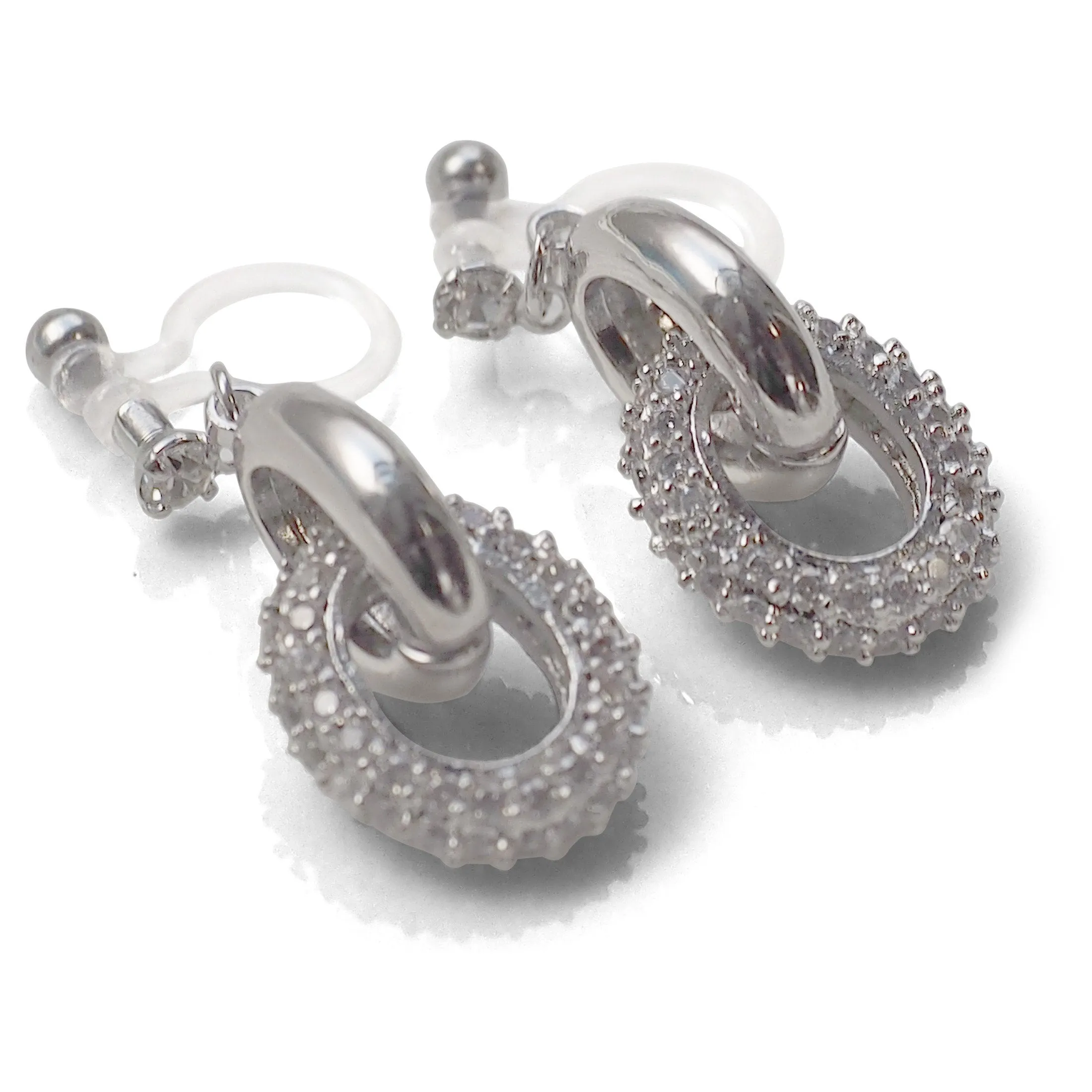 Bridal cubic zirconia micro pave ring invisible clip on earrings ( silver tone )