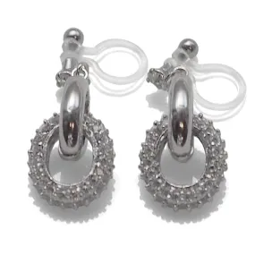 Bridal cubic zirconia micro pave ring invisible clip on earrings ( silver tone )