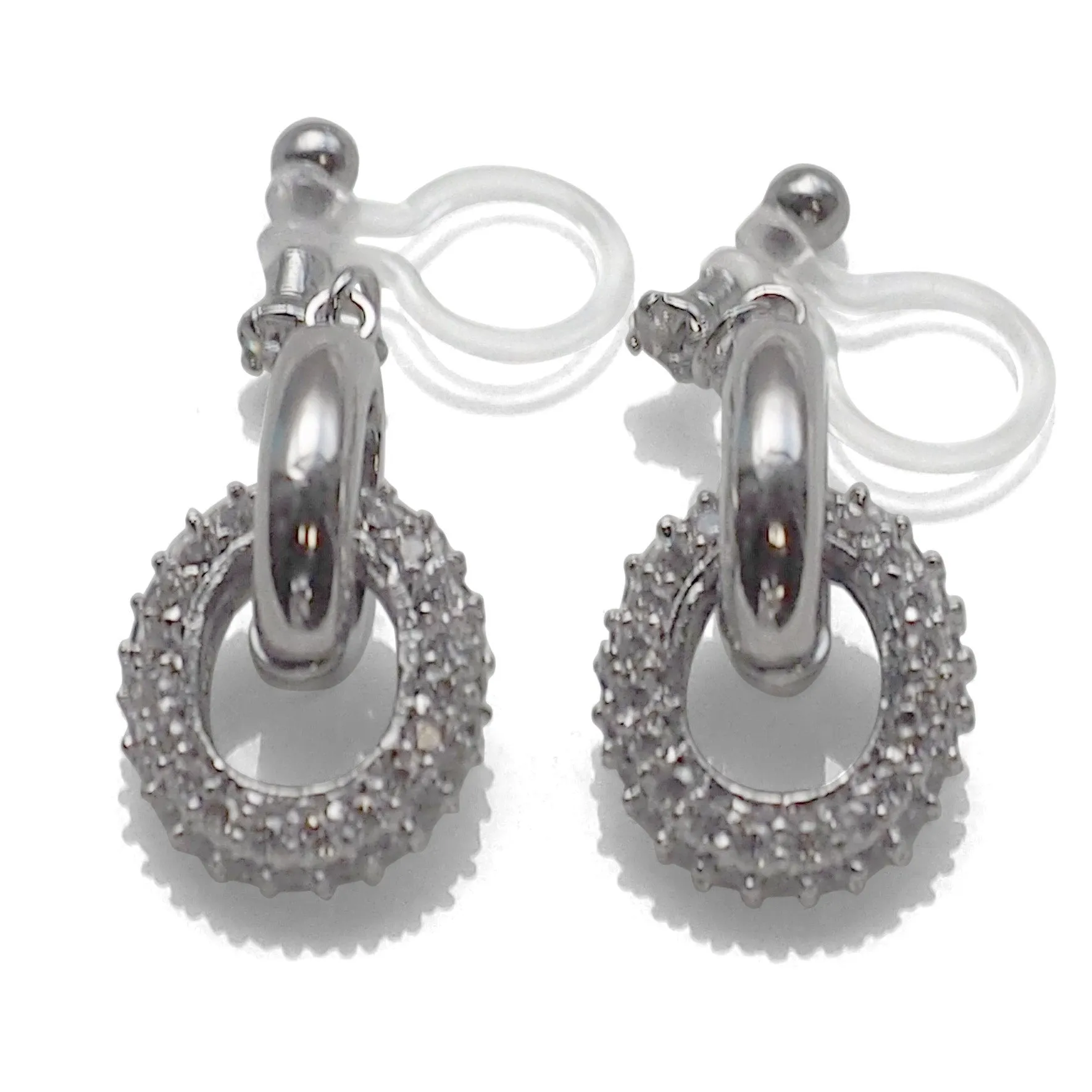 Bridal cubic zirconia micro pave ring invisible clip on earrings ( silver tone )