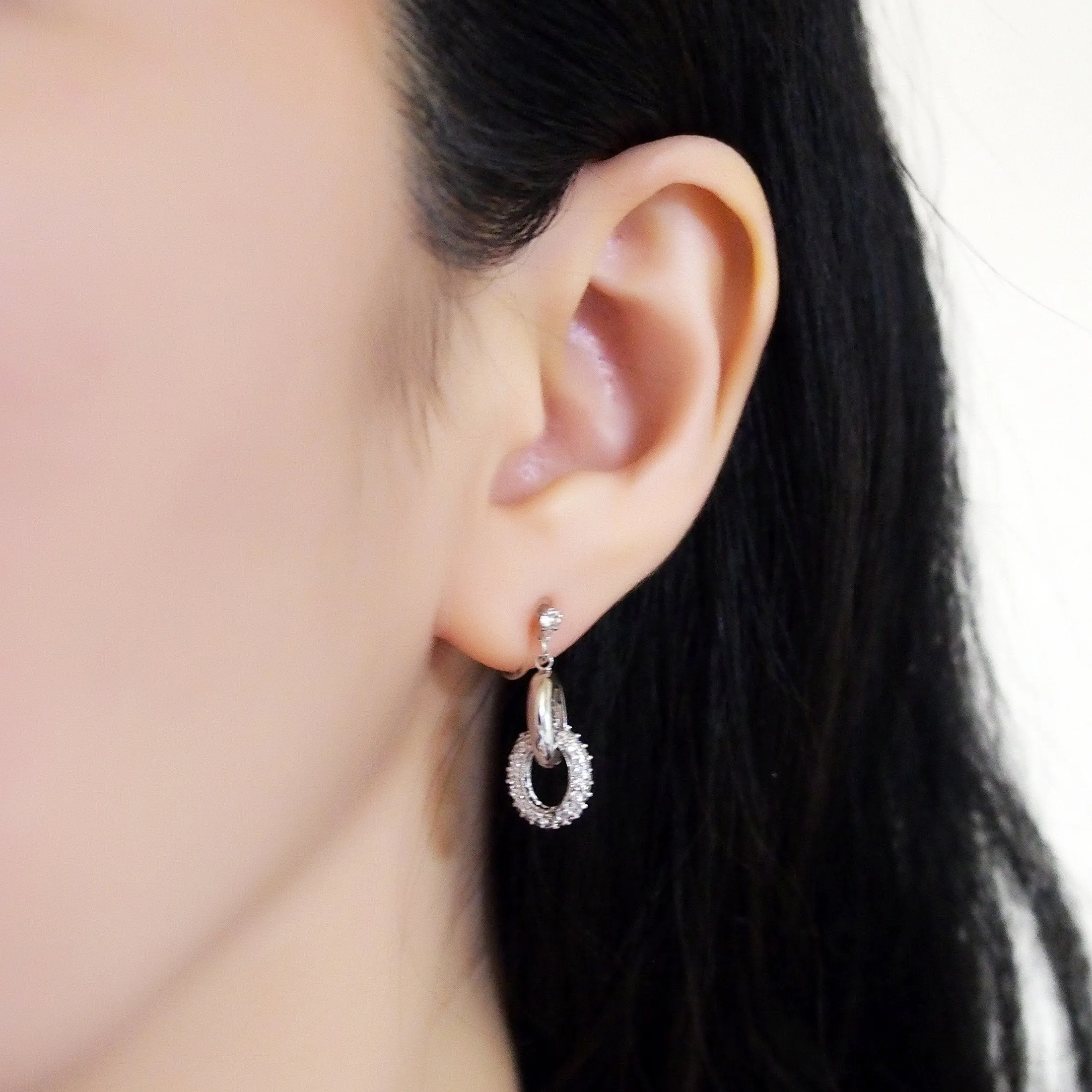 Bridal cubic zirconia micro pave ring invisible clip on earrings ( silver tone )