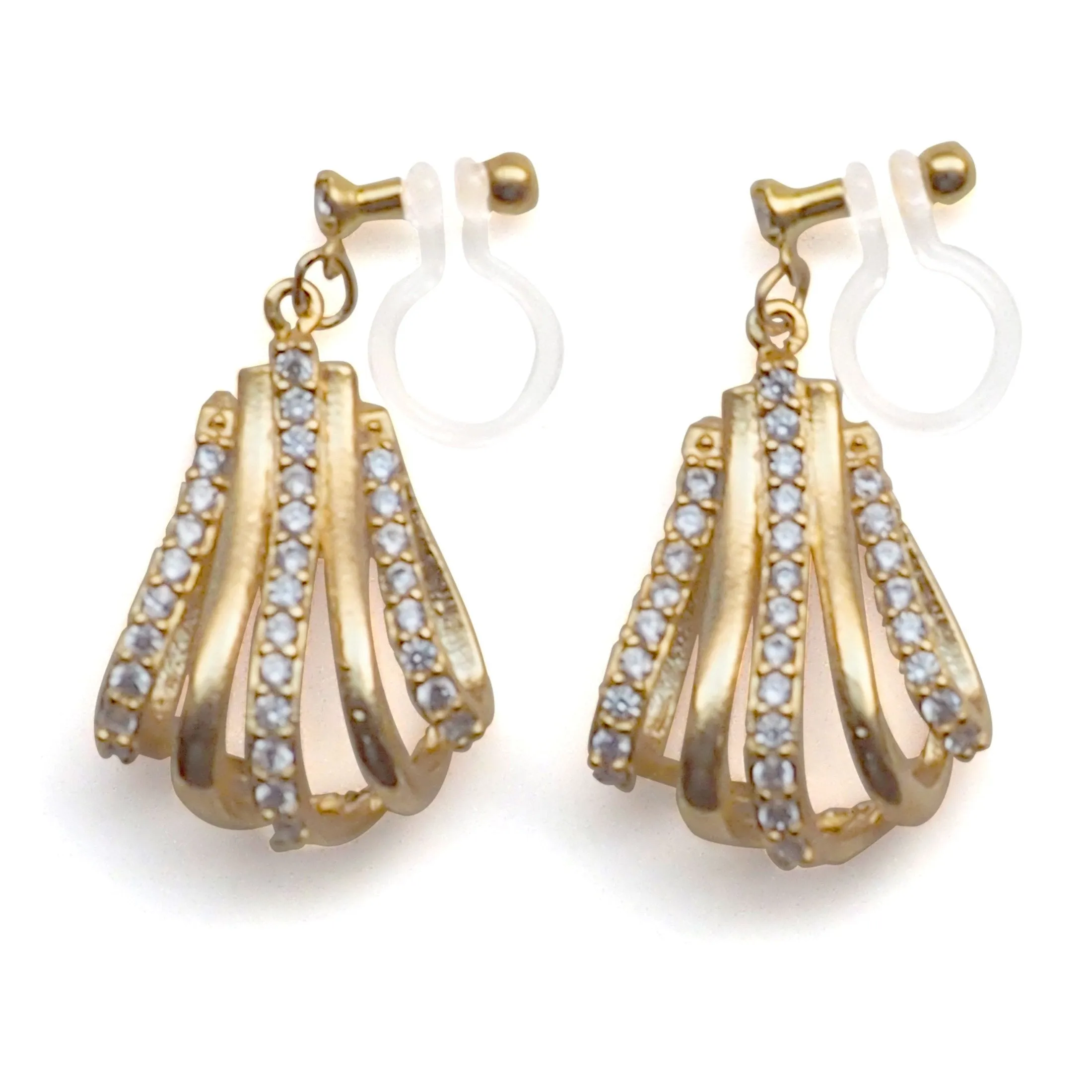 Bridal drop micro pave cubic zirconia invisible clip on earrings ( gold tone )