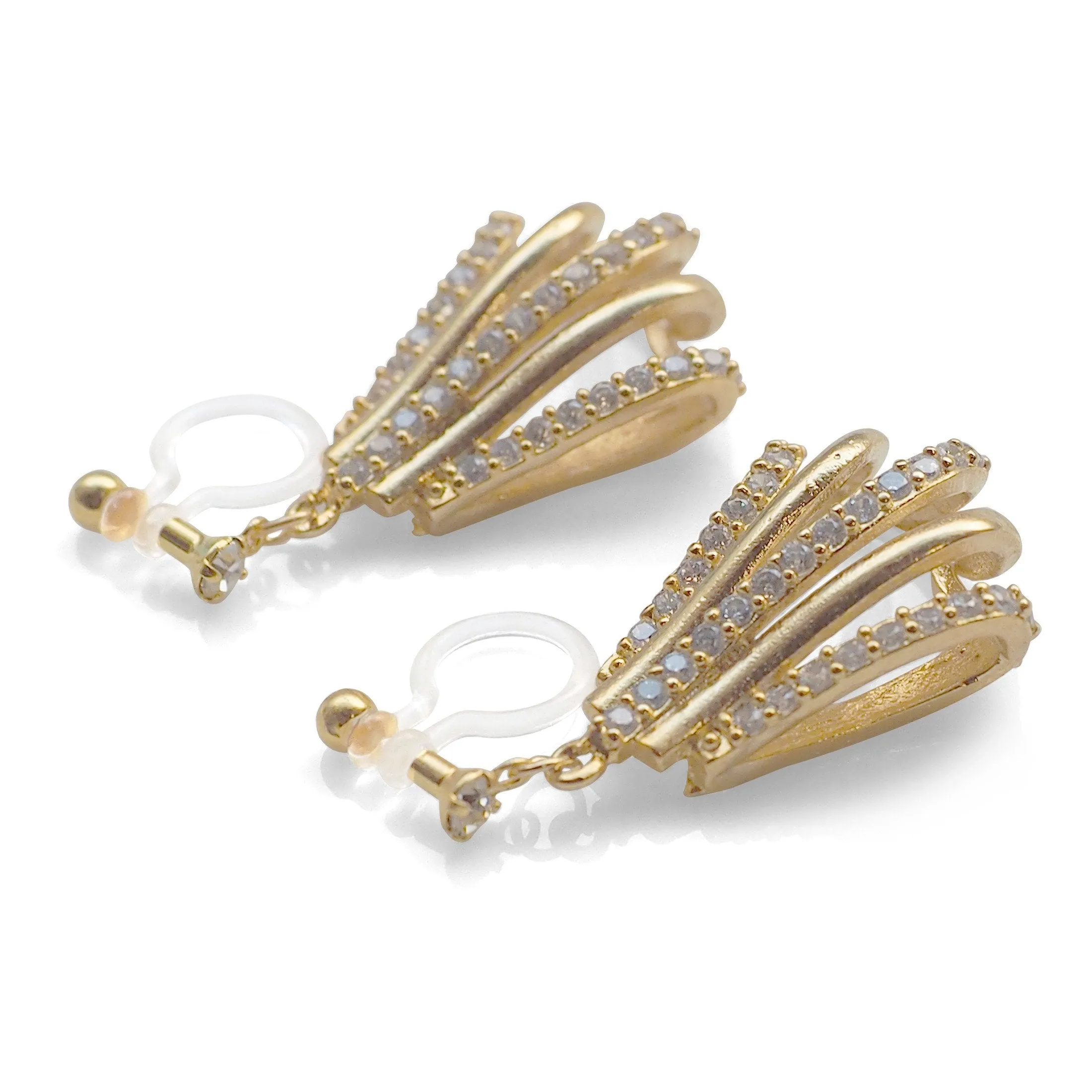 Bridal drop micro pave cubic zirconia invisible clip on earrings ( gold tone )