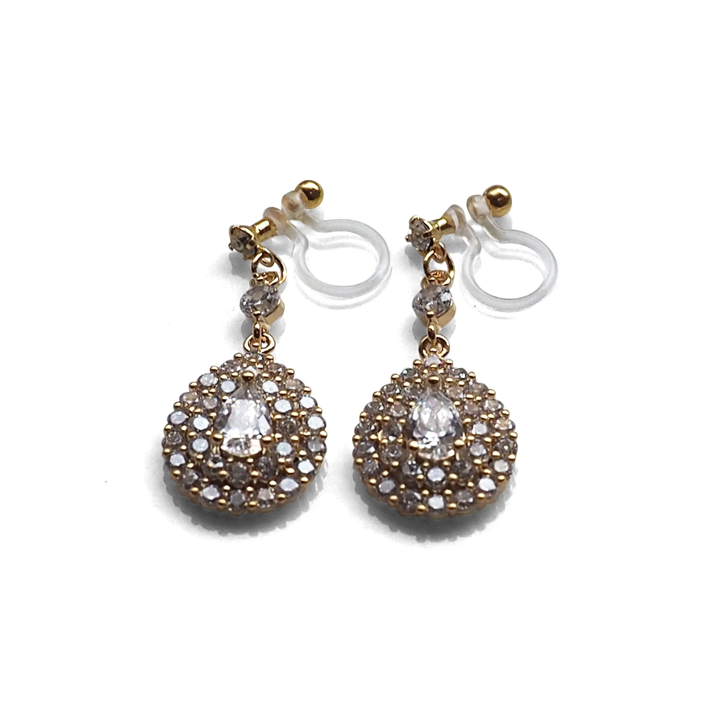 Bridal large teardrop cubic zirconia invisible clip on earrings ( gold tone )