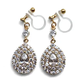 Bridal large teardrop cubic zirconia invisible clip on earrings ( gold tone )