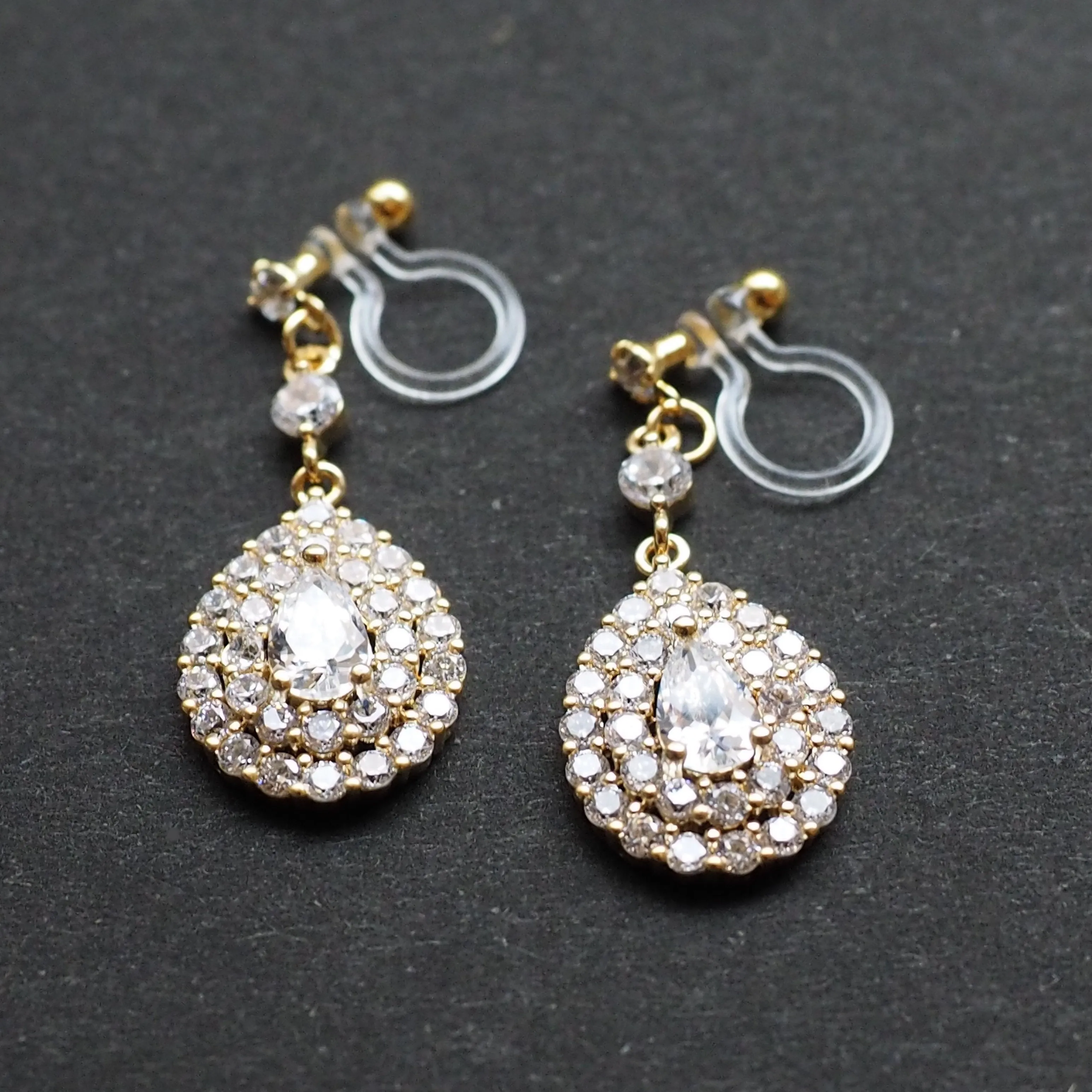 Bridal large teardrop cubic zirconia invisible clip on earrings ( gold tone )