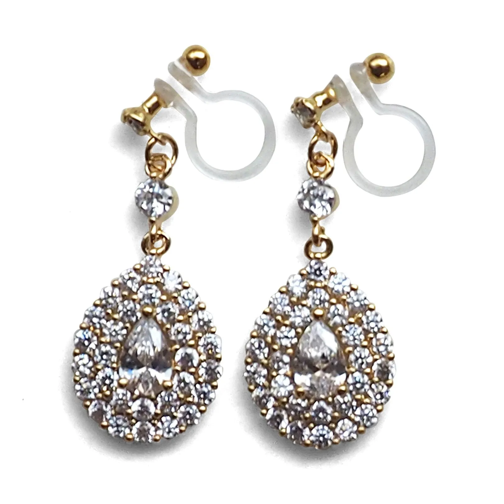 Bridal large teardrop cubic zirconia invisible clip on earrings ( gold tone )
