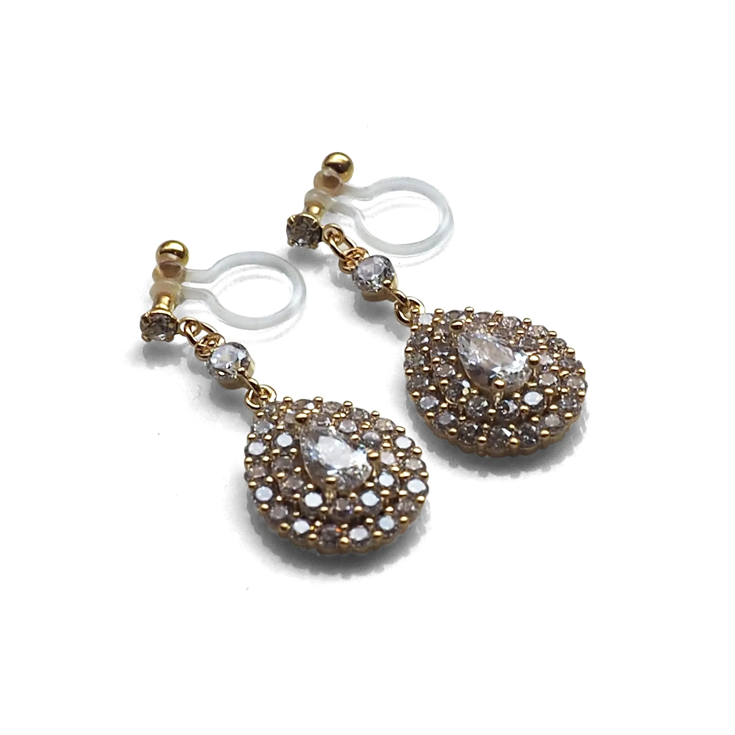 Bridal large teardrop cubic zirconia invisible clip on earrings ( gold tone )