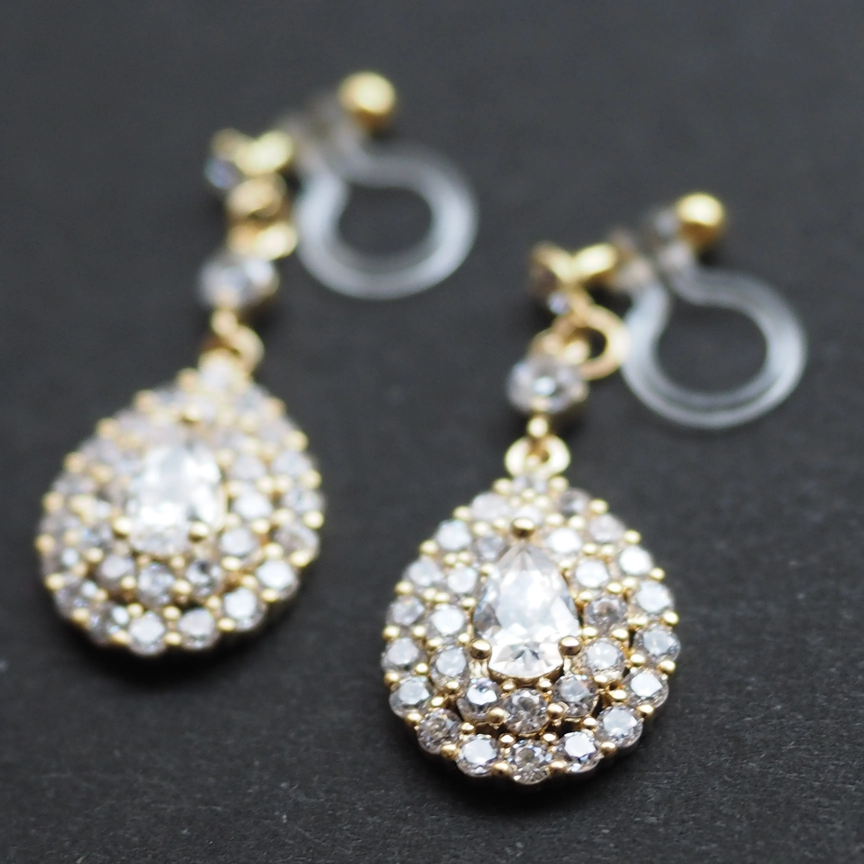 Bridal large teardrop cubic zirconia invisible clip on earrings ( gold tone )