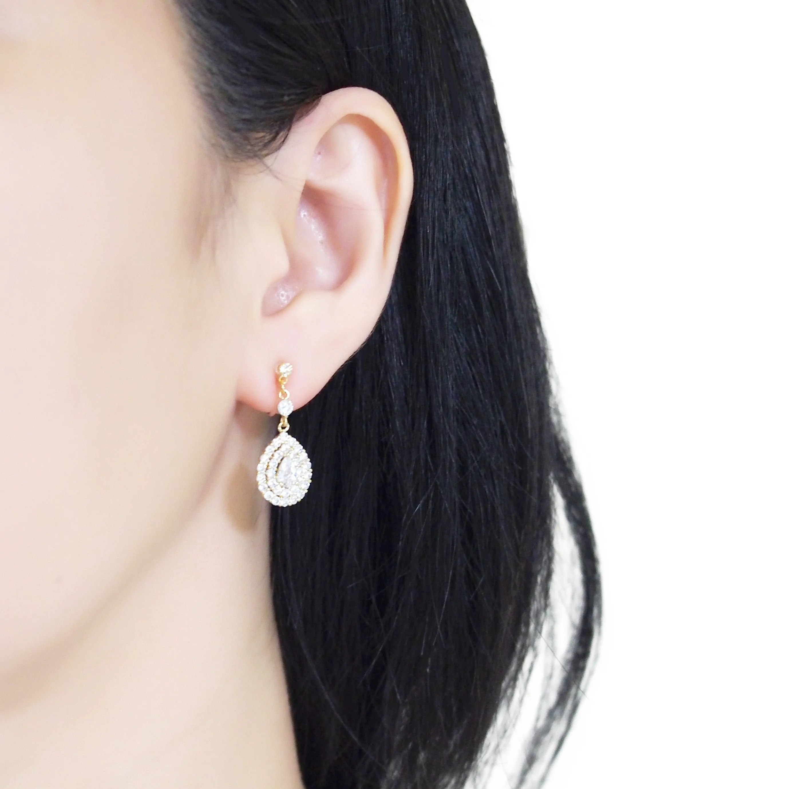 Bridal large teardrop cubic zirconia invisible clip on earrings ( gold tone )