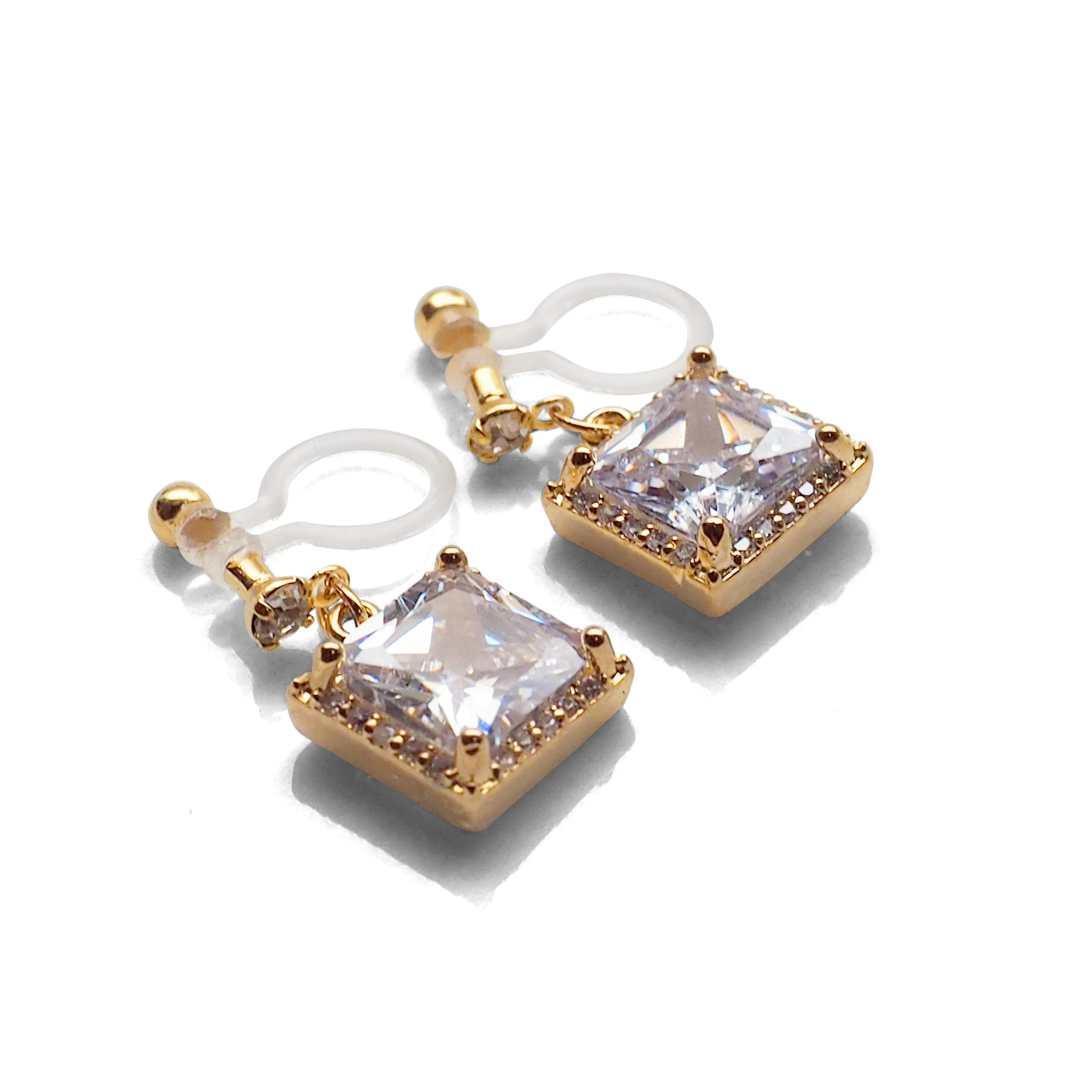 Bridal square cubic zirconia invisible clip on earrings ( gold tone )