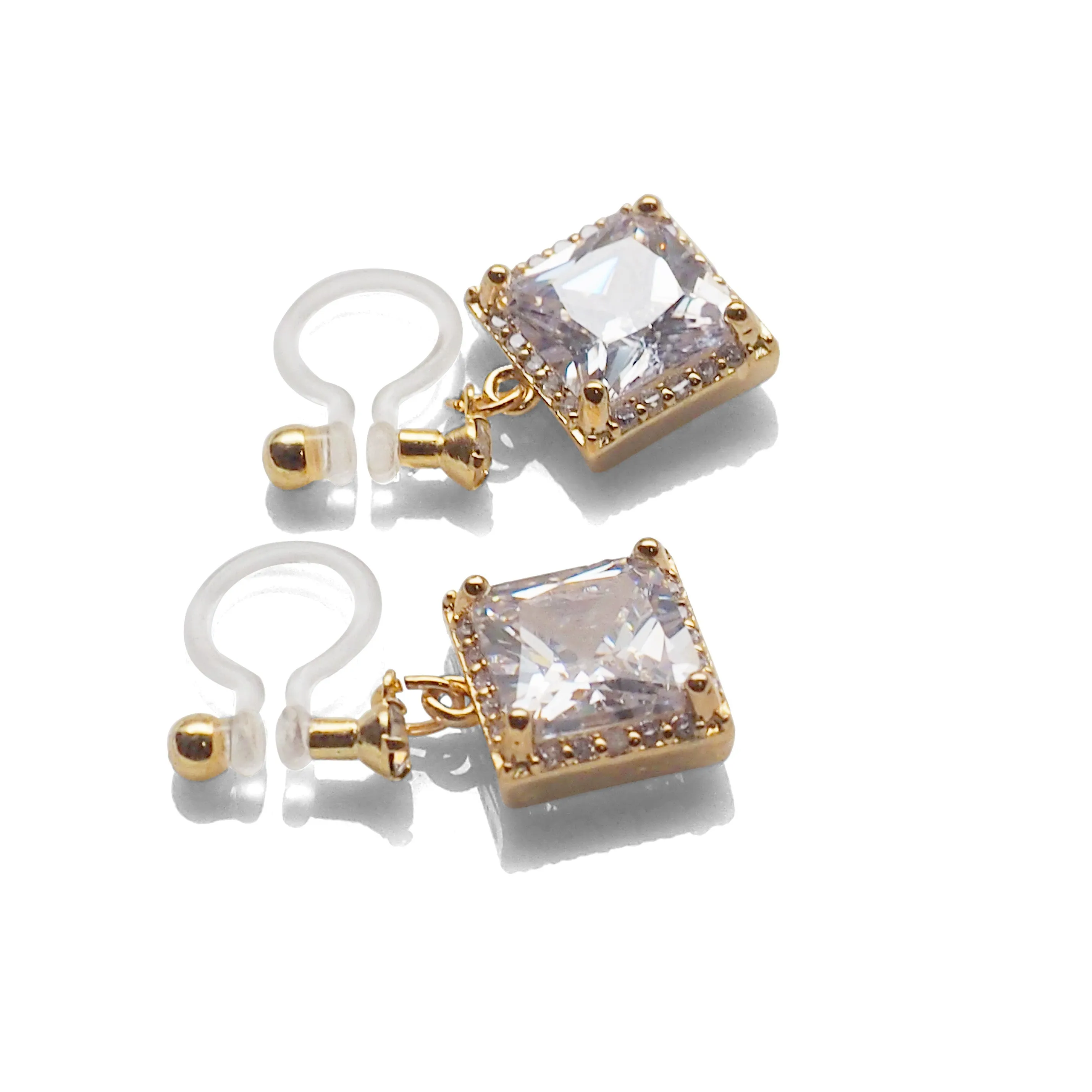 Bridal square cubic zirconia invisible clip on earrings ( gold tone )