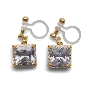 Bridal square cubic zirconia invisible clip on earrings ( gold tone )