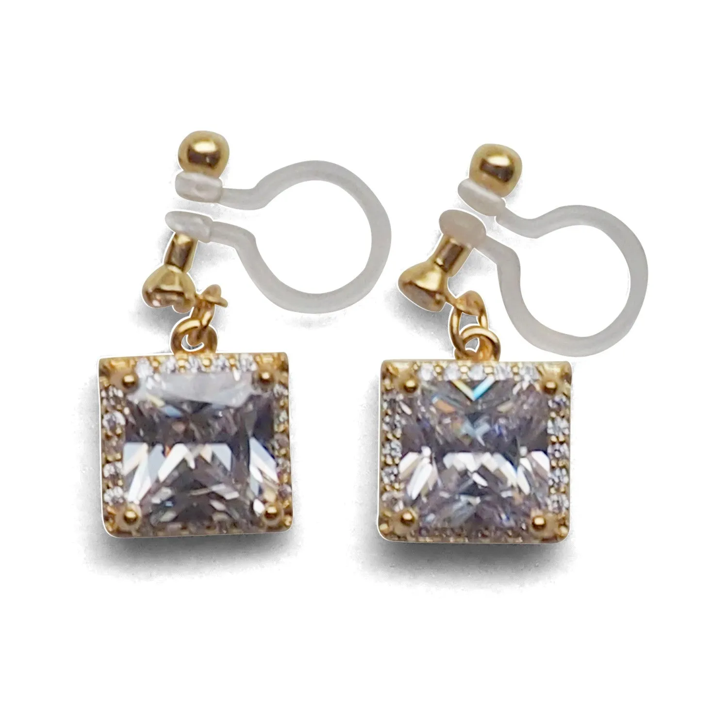 Bridal square cubic zirconia invisible clip on earrings ( gold tone )