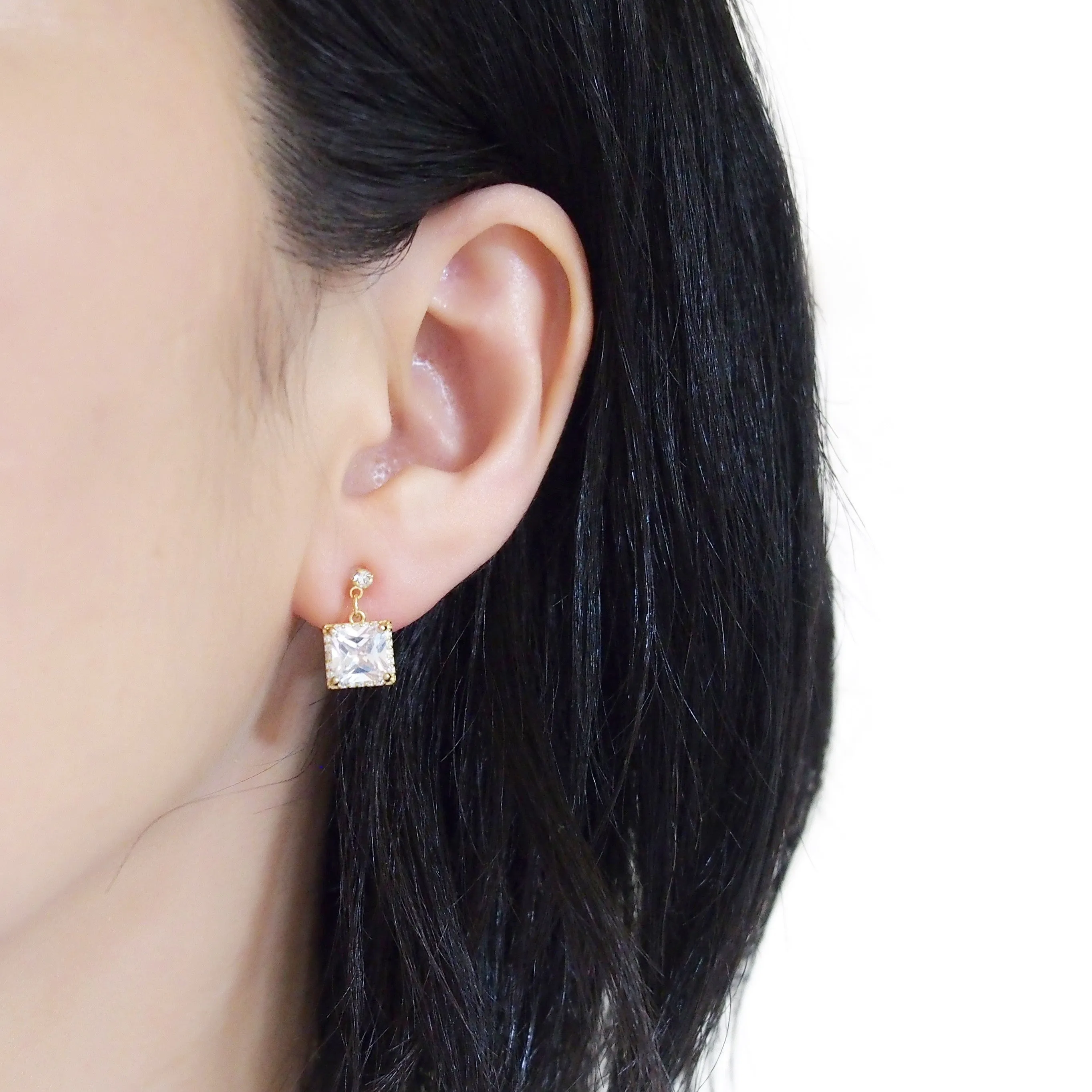 Bridal square cubic zirconia invisible clip on earrings ( gold tone )