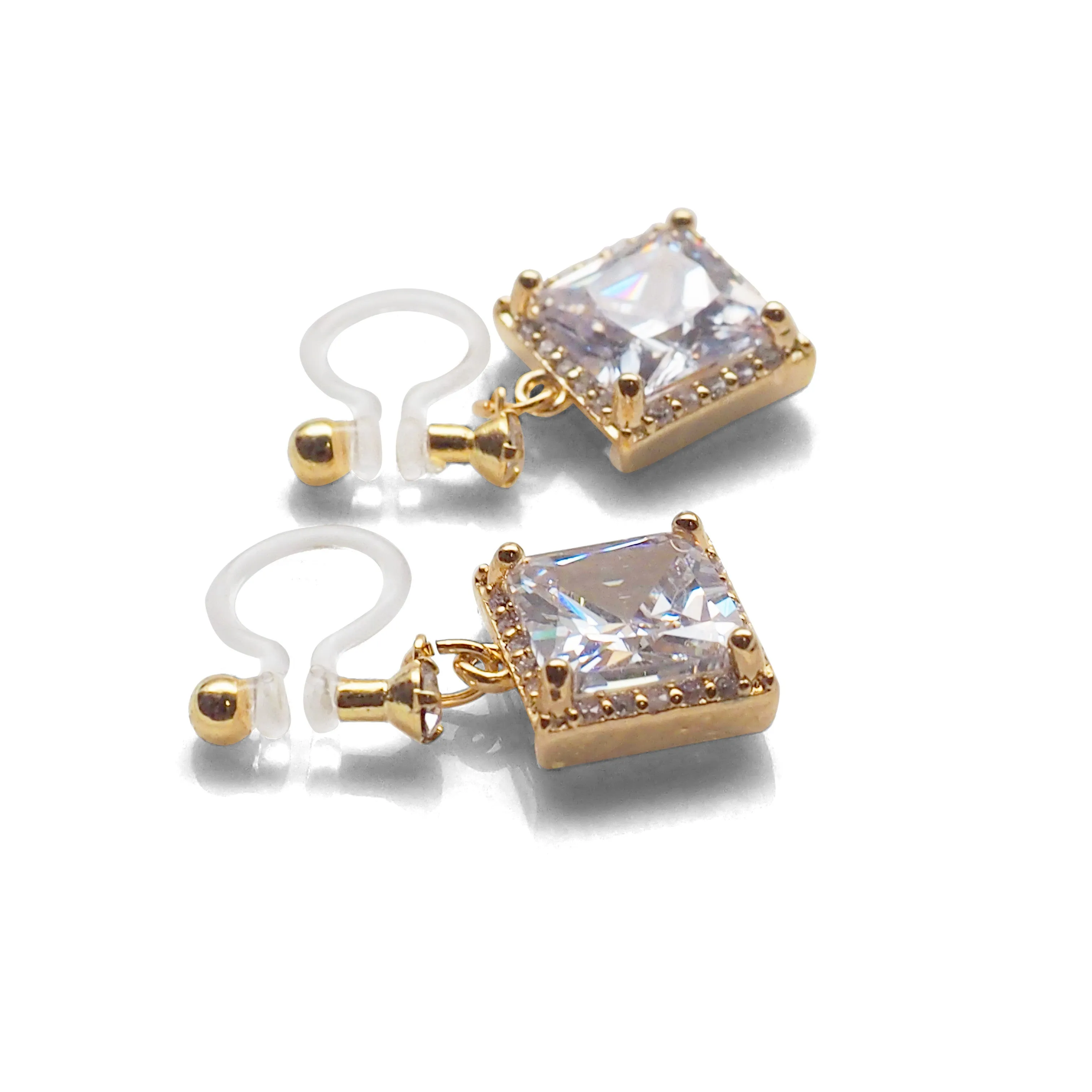 Bridal square cubic zirconia invisible clip on earrings ( gold tone )