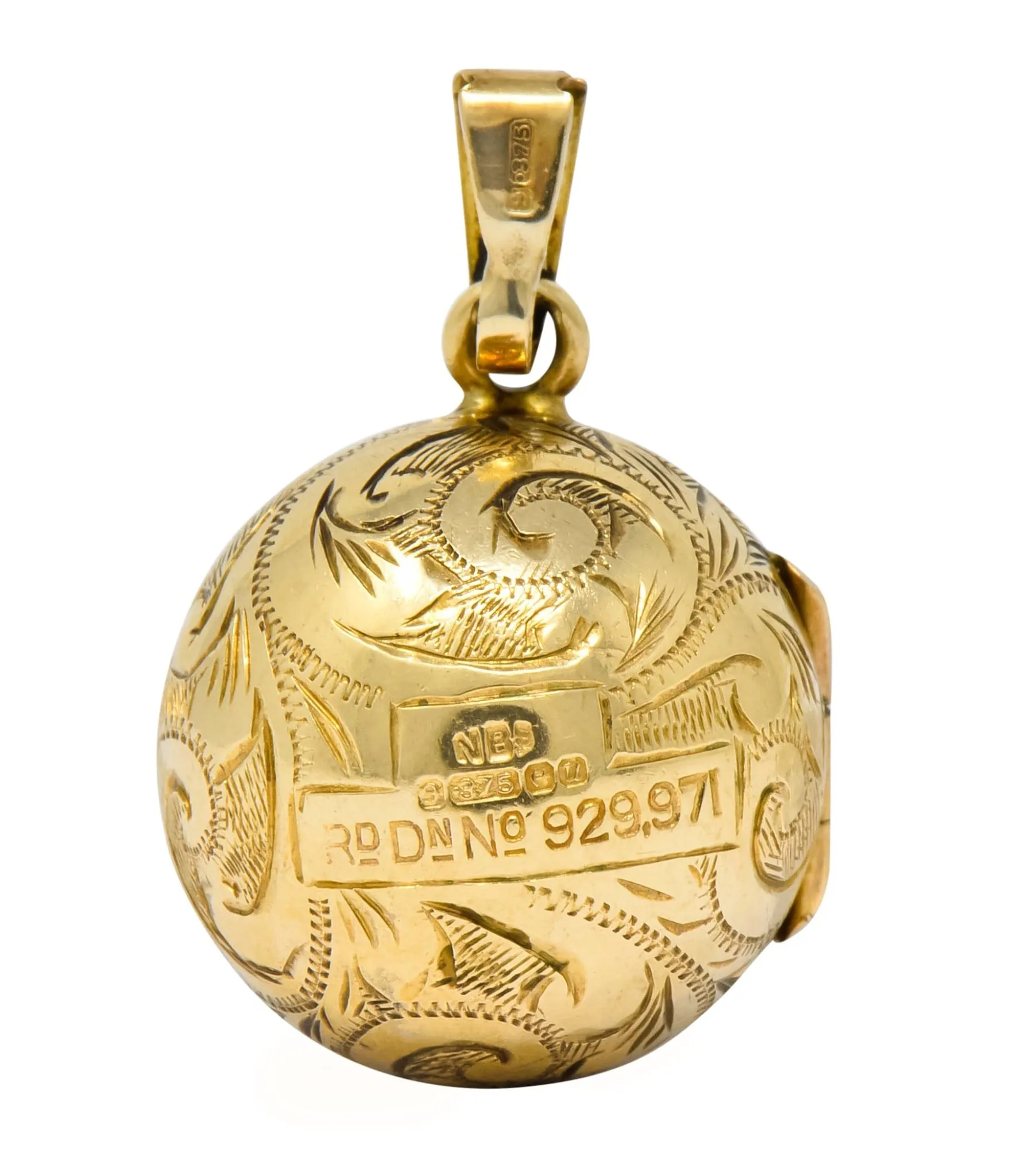 British 9 Karat Yellow Gold Engraved Ball Locket Pendant