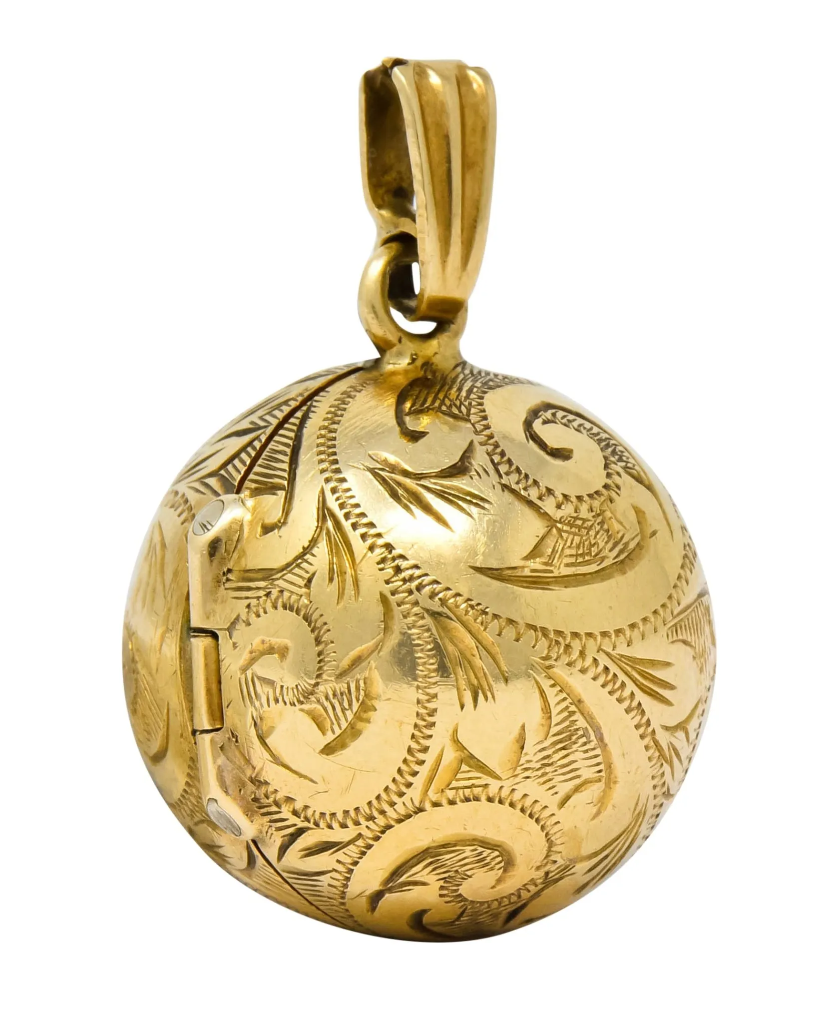 British 9 Karat Yellow Gold Engraved Ball Locket Pendant