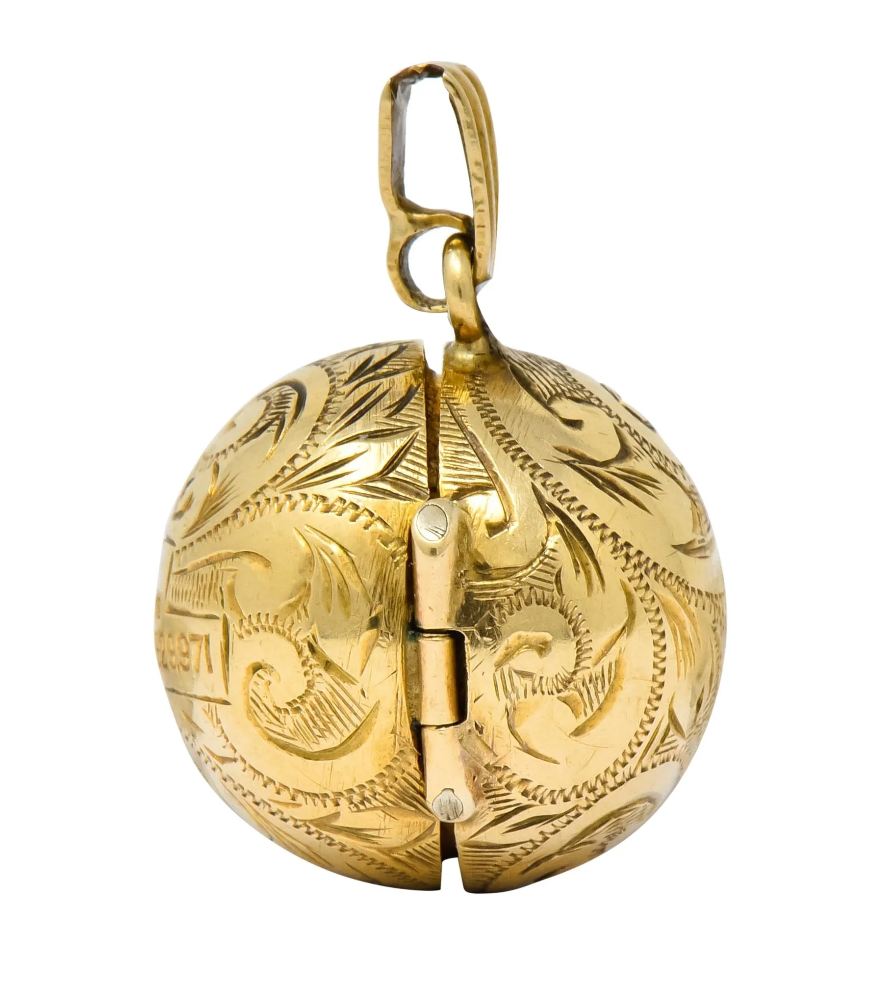 British 9 Karat Yellow Gold Engraved Ball Locket Pendant