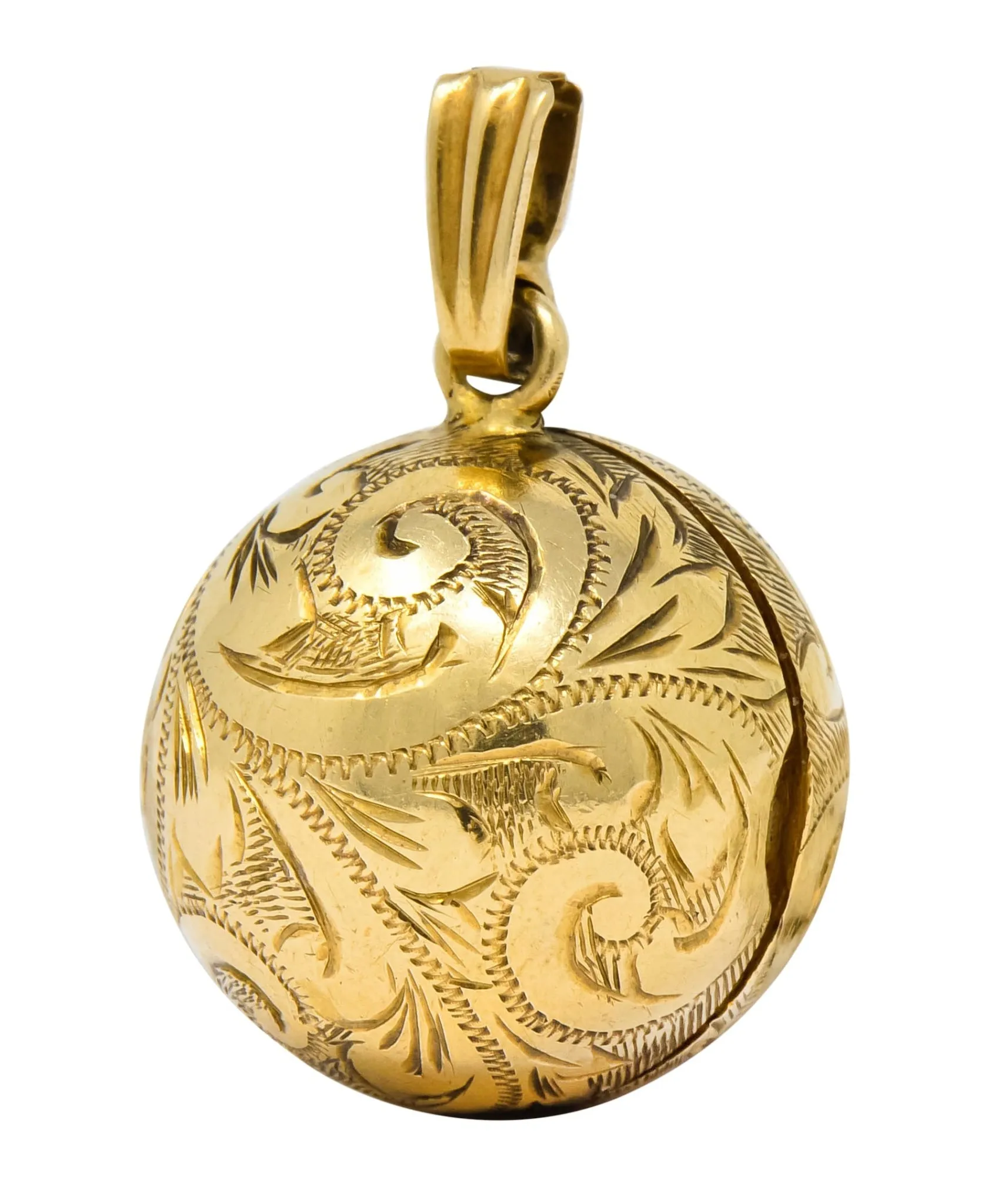 British 9 Karat Yellow Gold Engraved Ball Locket Pendant