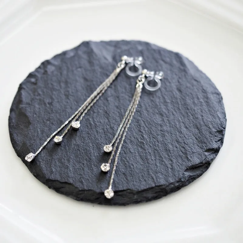 Chic Cascade Crystal Invisible Clip-On Earrings | Triple Chain Glamour