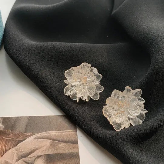 Clear Large Flower Invisible Clip On Stud Earrings