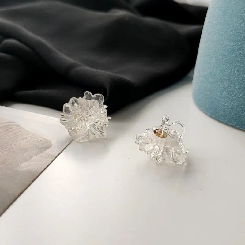 Clear Large Flower Invisible Clip On Stud Earrings