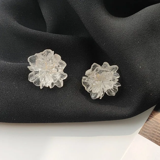 Clear Large Flower Invisible Clip On Stud Earrings