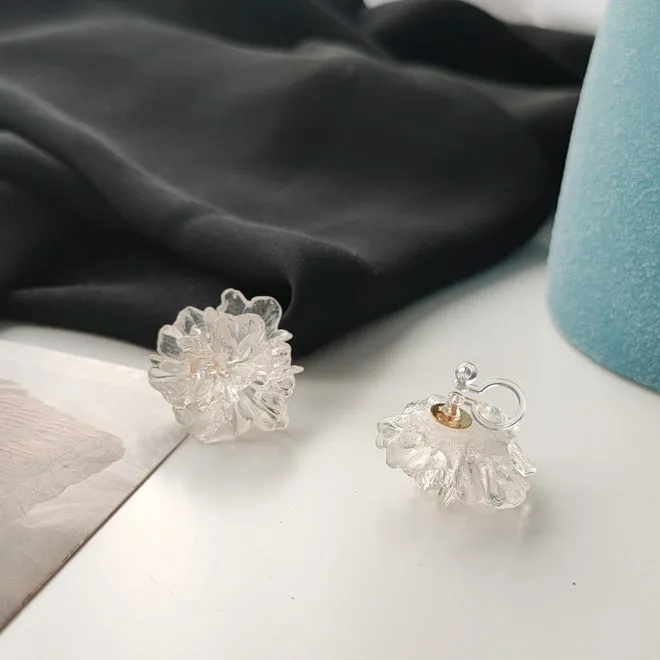 Clear Large Flower Invisible Clip On Stud Earrings
