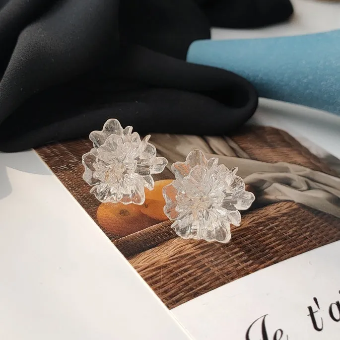 Clear Large Flower Invisible Clip On Stud Earrings