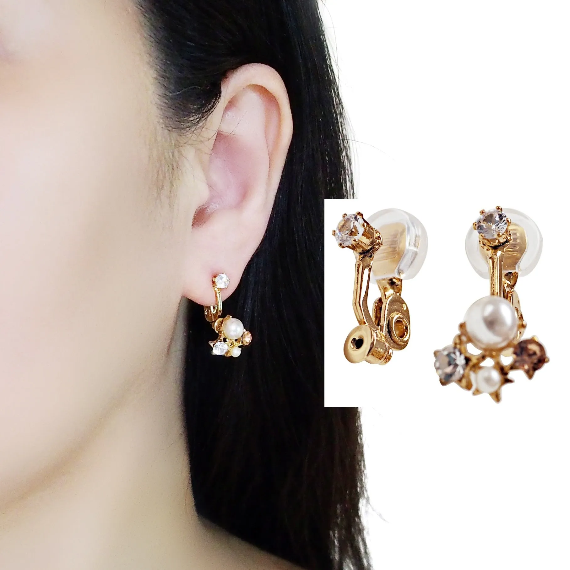 Comfortable clip angle adjustable clip on earring rhinestone converters ( Gold tone)