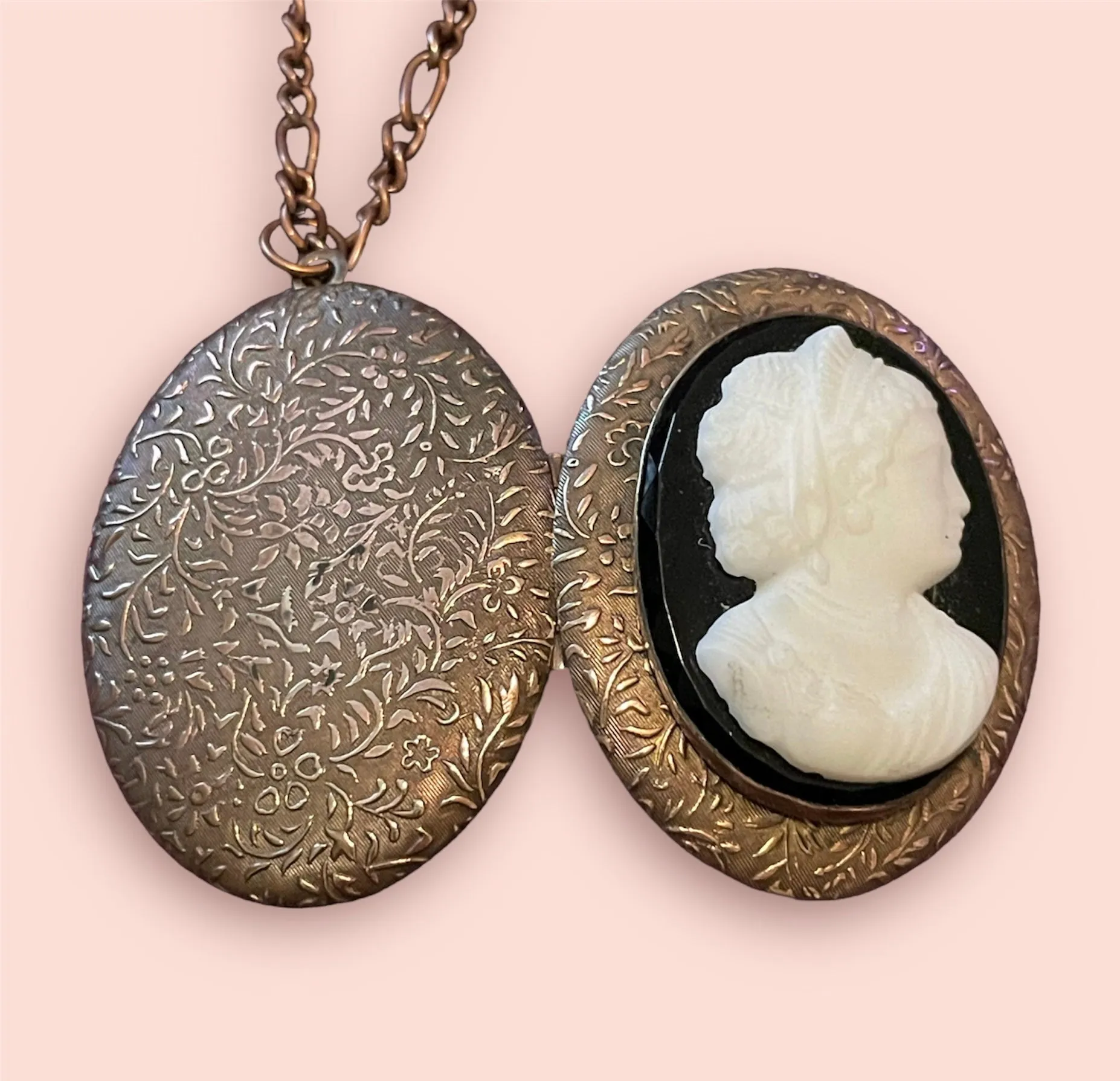 Copper Art Nouveau Black & White Mourning Cameo Locket Necklace