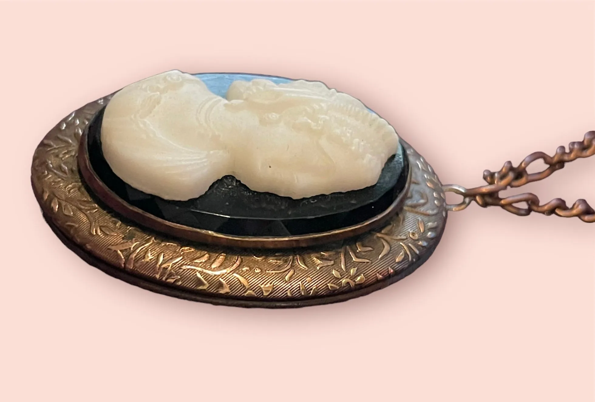Copper Art Nouveau Black & White Mourning Cameo Locket Necklace