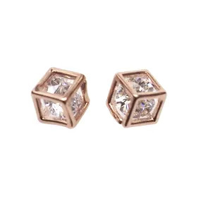 Cubic Zirconia Crystal In Cube Invisible Clip On Stud Earrings ( Rose gold tone )