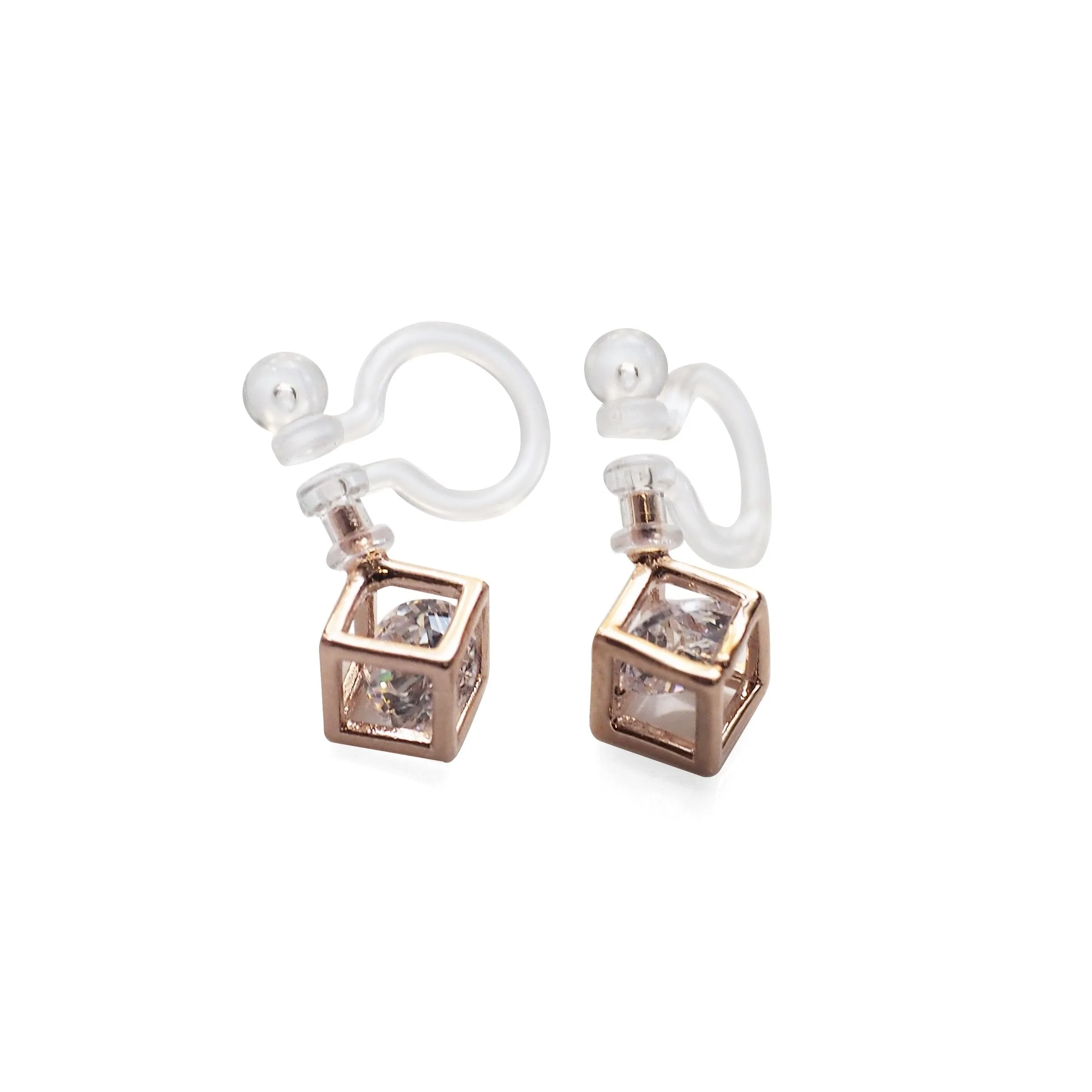 Cubic Zirconia Crystal In Cube Invisible Clip On Stud Earrings ( Rose gold tone )