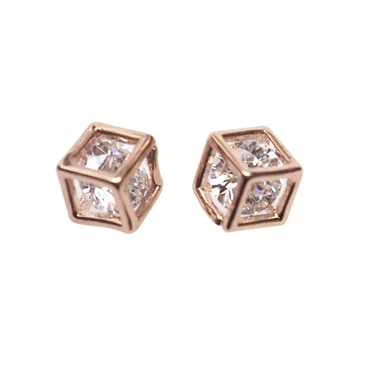 Cubic Zirconia Crystal In Cube Invisible Clip On Stud Earrings ( Rose gold tone )