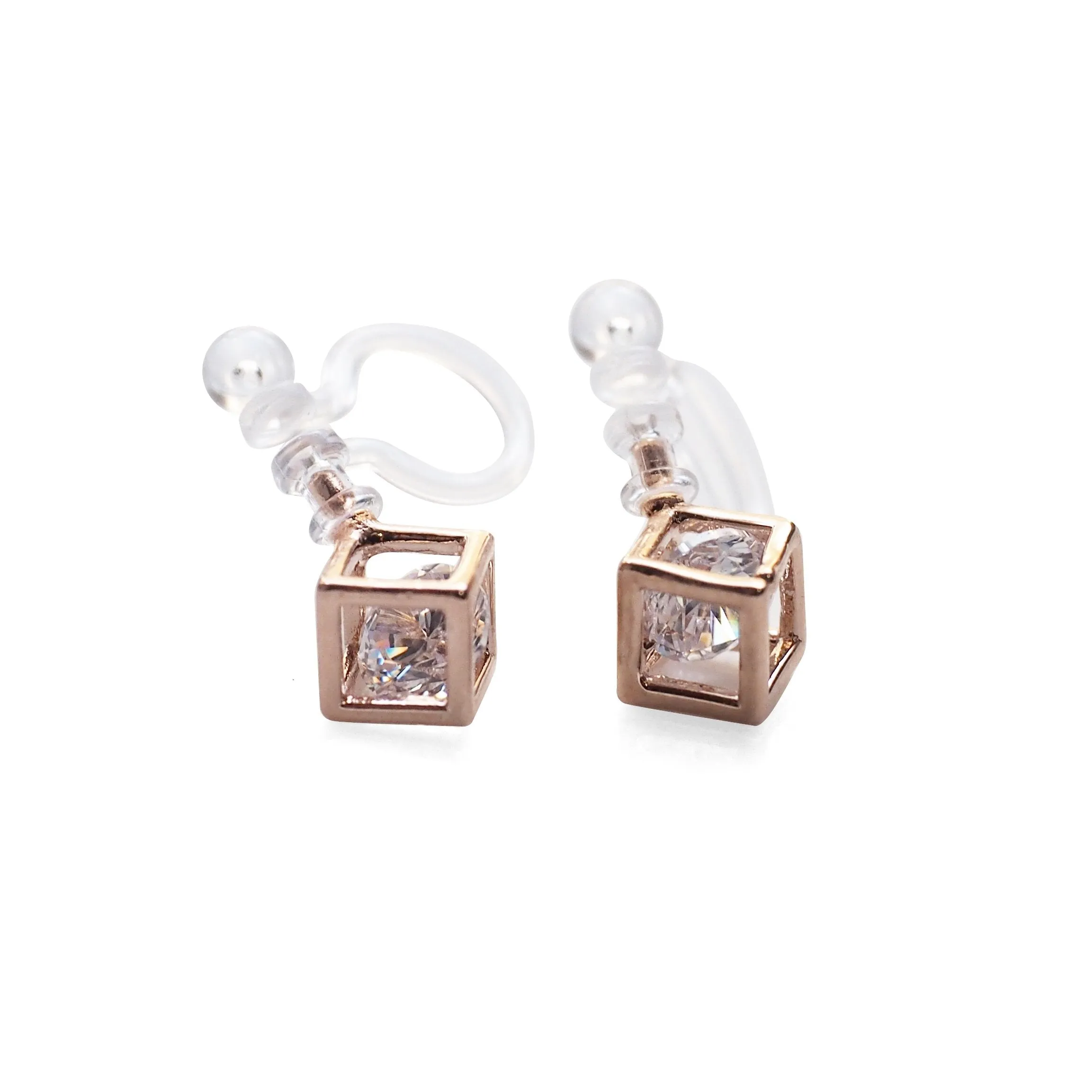 Cubic Zirconia Crystal In Cube Invisible Clip On Stud Earrings ( Rose gold tone )