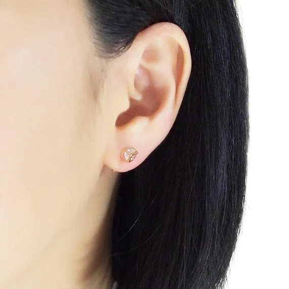 Cubic Zirconia Crystal In Cube Invisible Clip On Stud Earrings ( Rose gold tone )