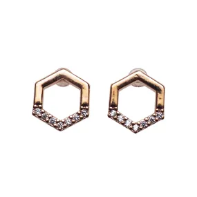 Cubic Zirconia Crystal Pave Hexagon Invisible Clip On Stud Earrings ( Rose gold tone )