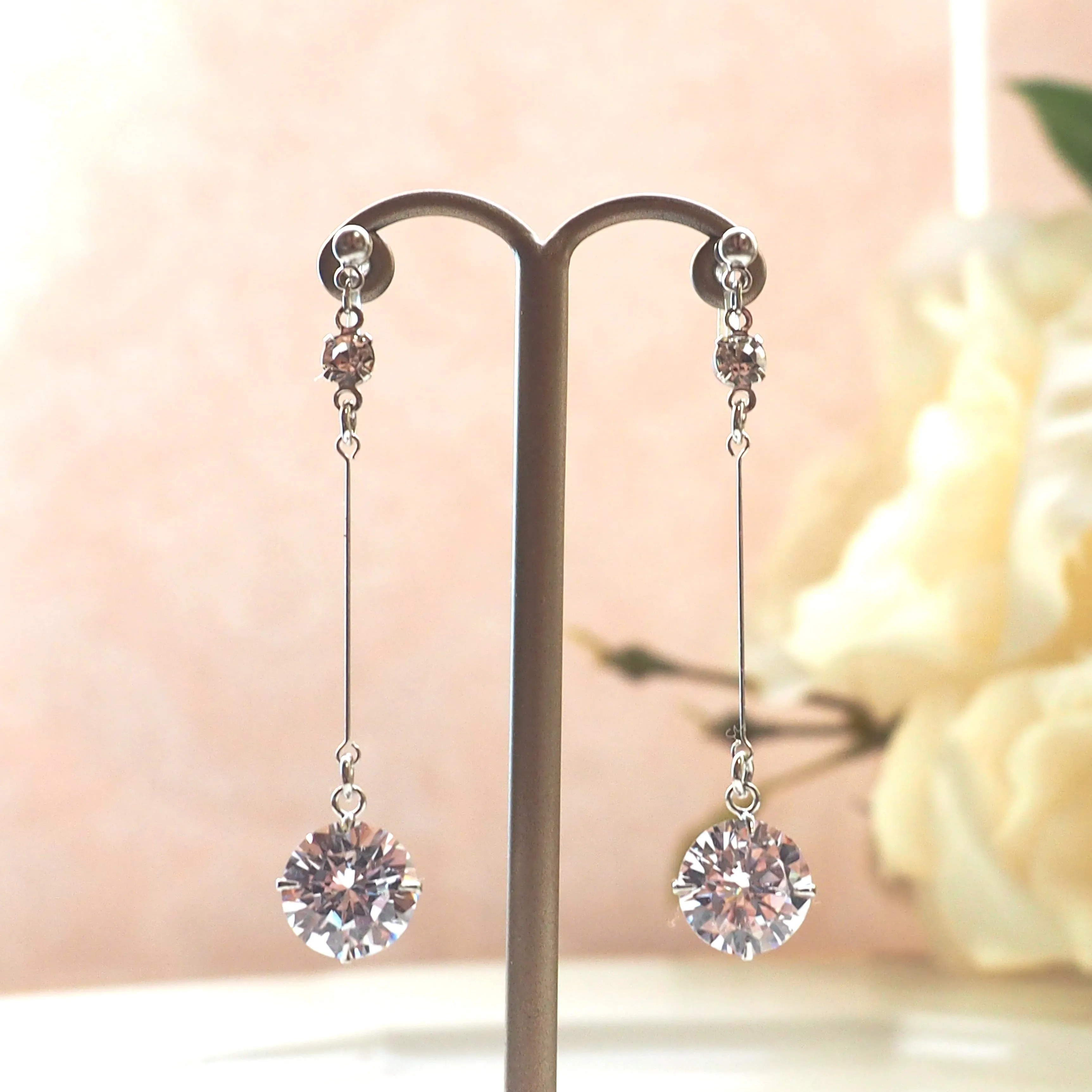 Dangle bridal round cubic zirconia invisible clip on earrings