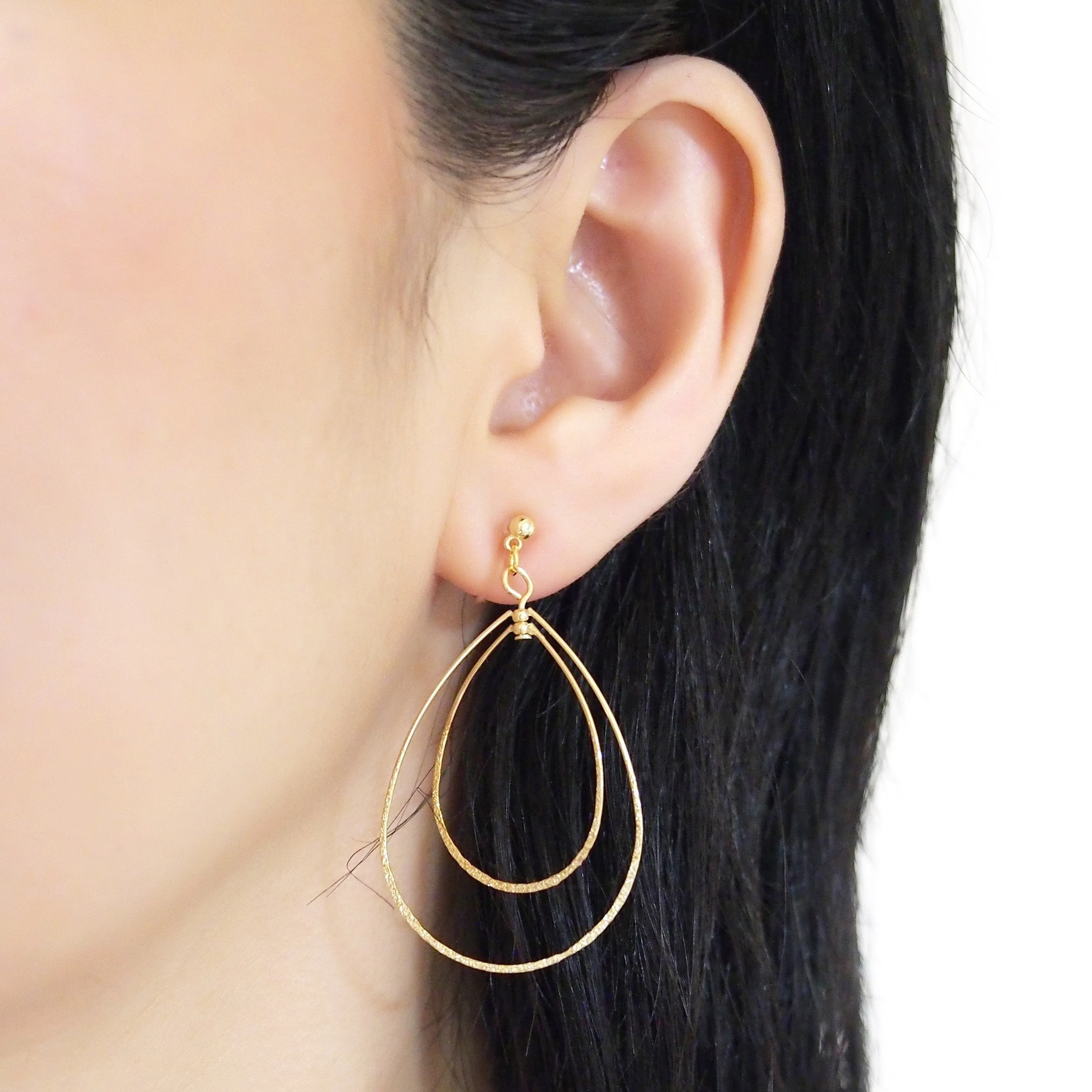 Dangle Gold Double Teardrop Hoop Invisible Clip on Earrings