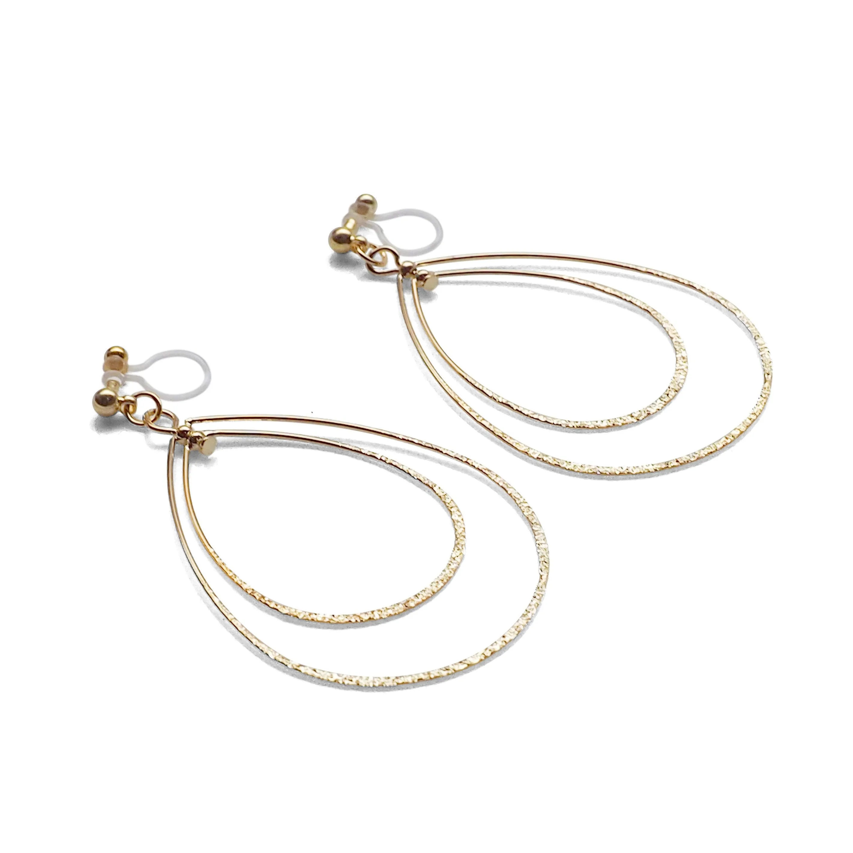 Dangle Gold Double Teardrop Hoop Invisible Clip on Earrings