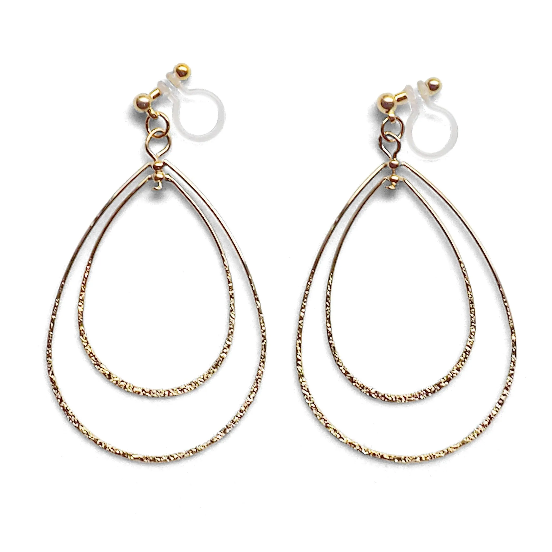 Dangle Gold Double Teardrop Hoop Invisible Clip on Earrings