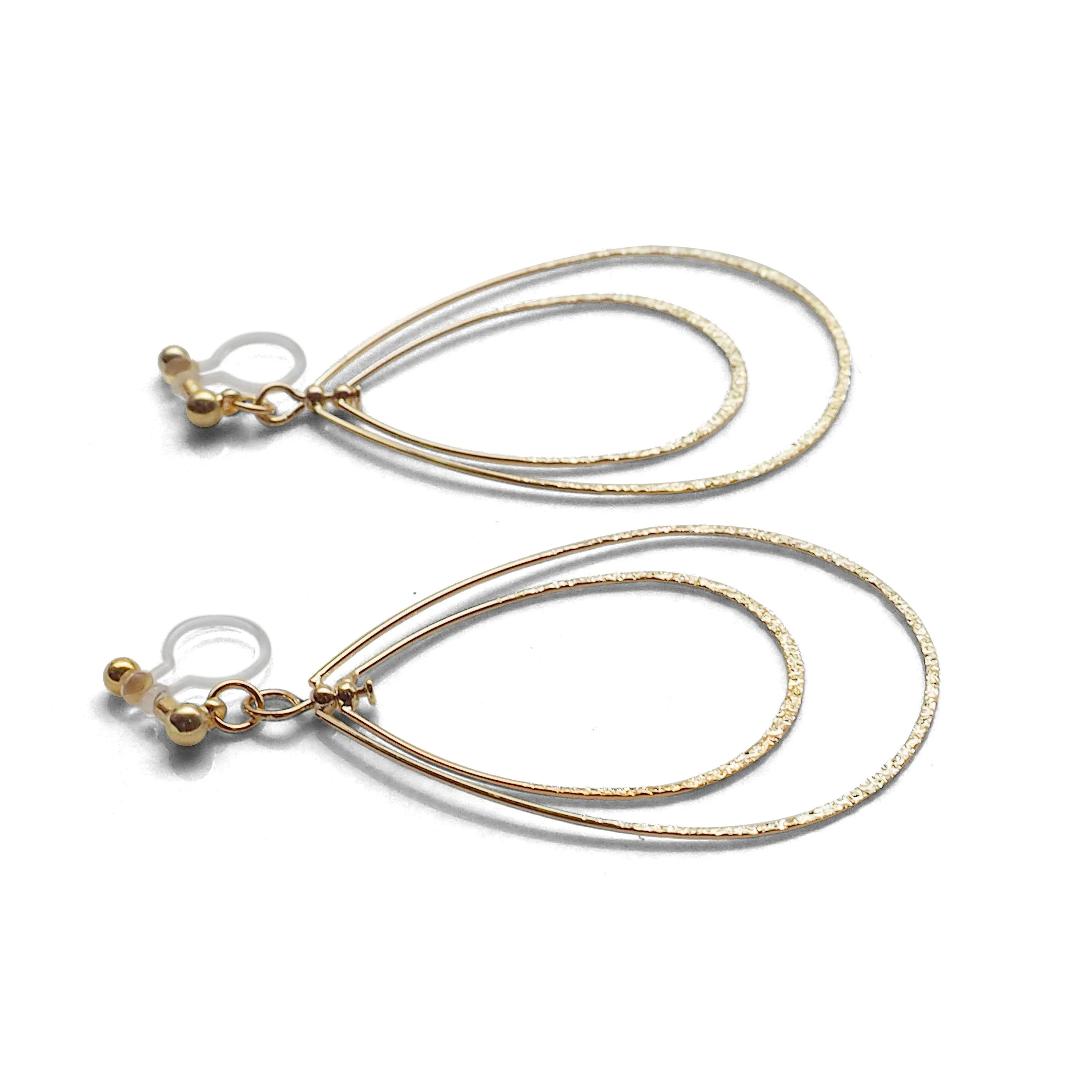 Dangle Gold Double Teardrop Hoop Invisible Clip on Earrings