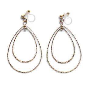 Dangle Gold Double Teardrop Hoop Invisible Clip on Earrings