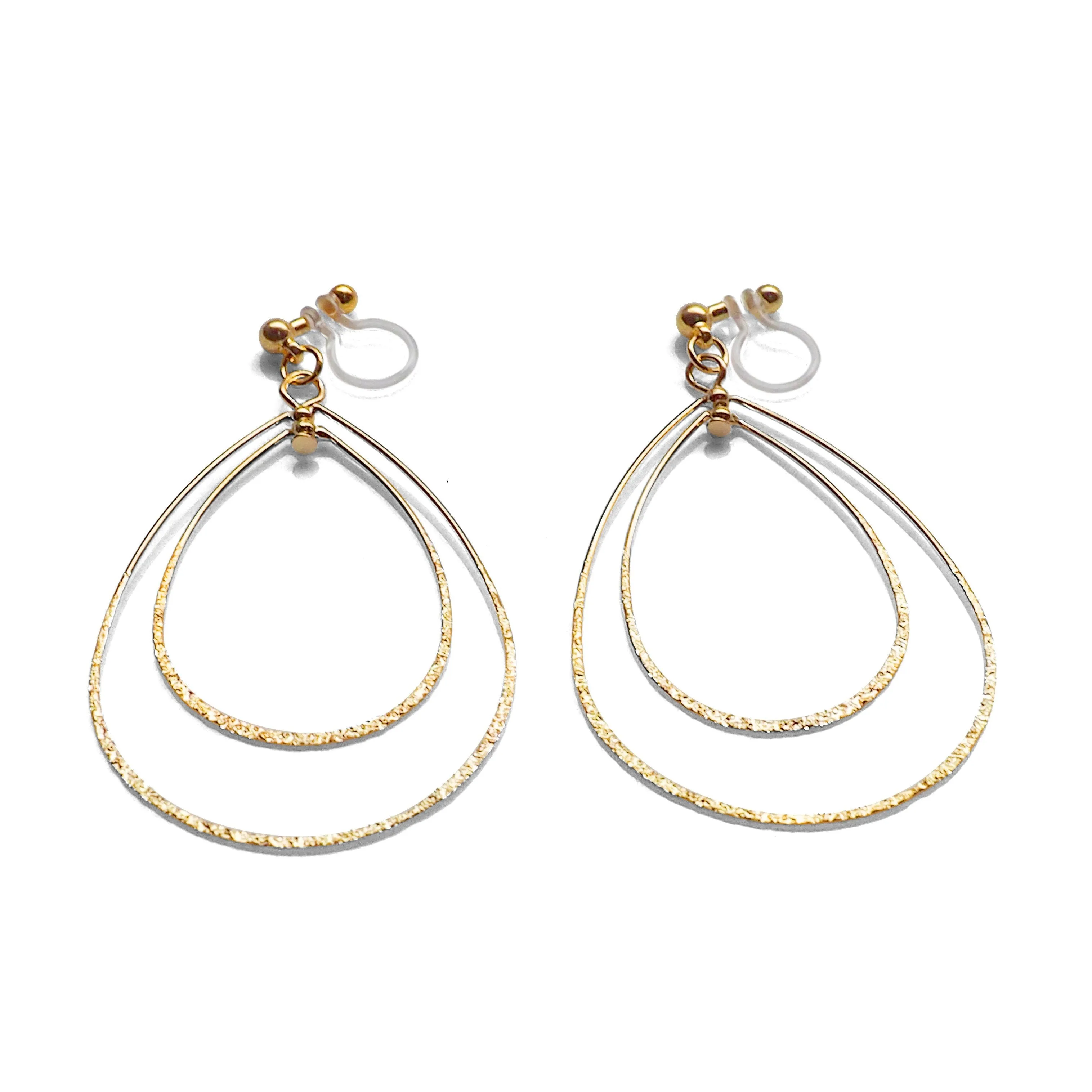 Dangle Gold Double Teardrop Hoop Invisible Clip on Earrings