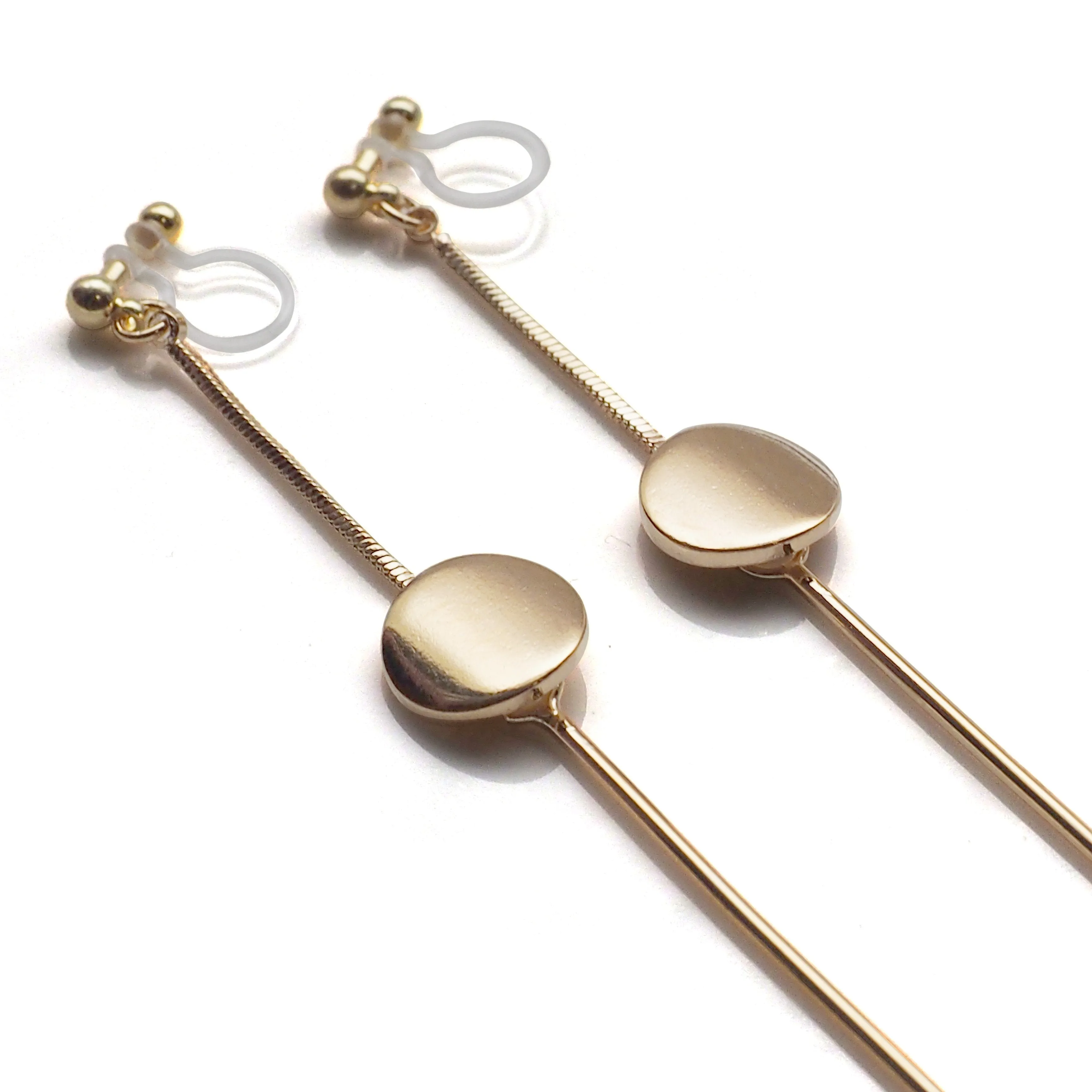 Dangle gold threader with coin invisible clip on earrings