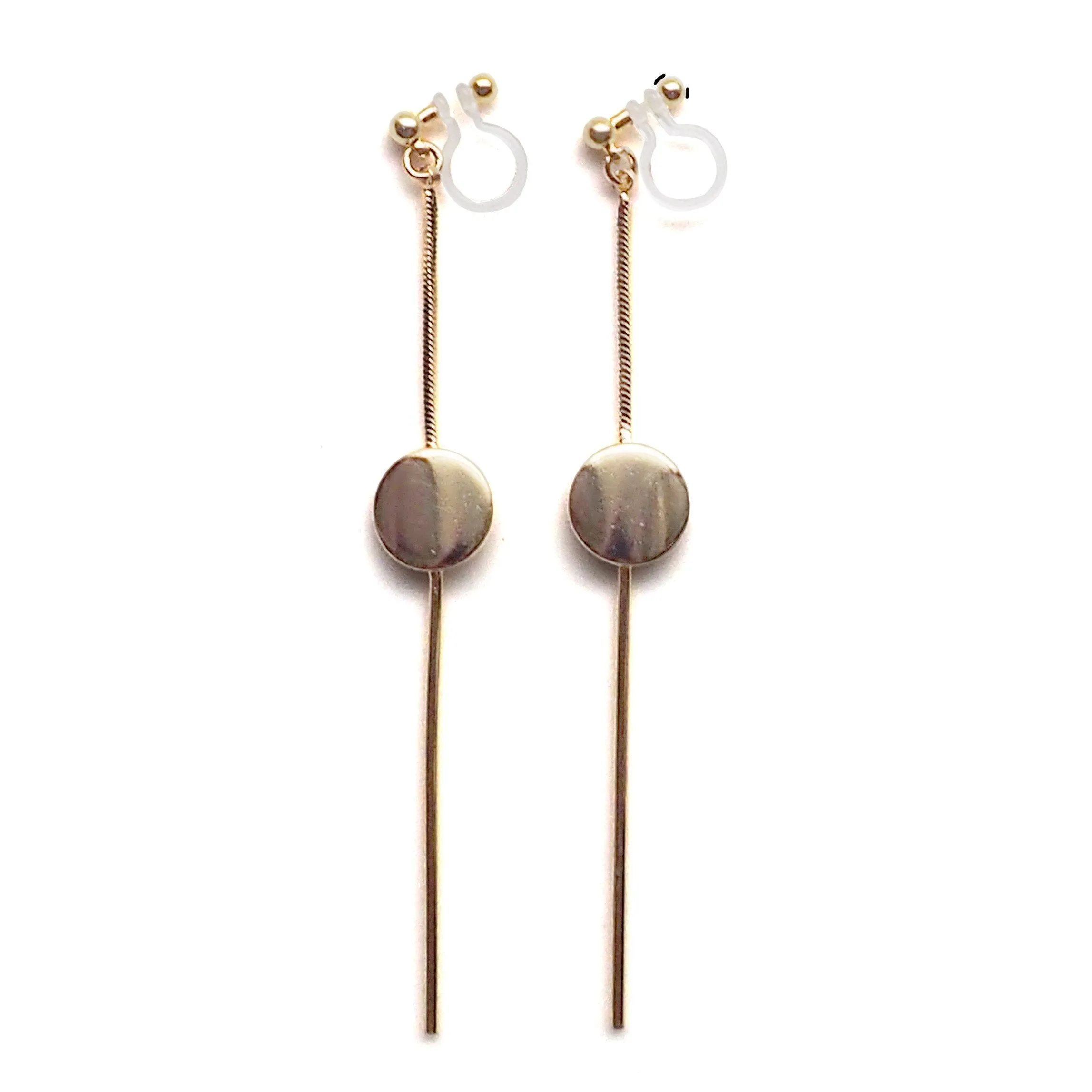 Dangle gold threader with coin invisible clip on earrings
