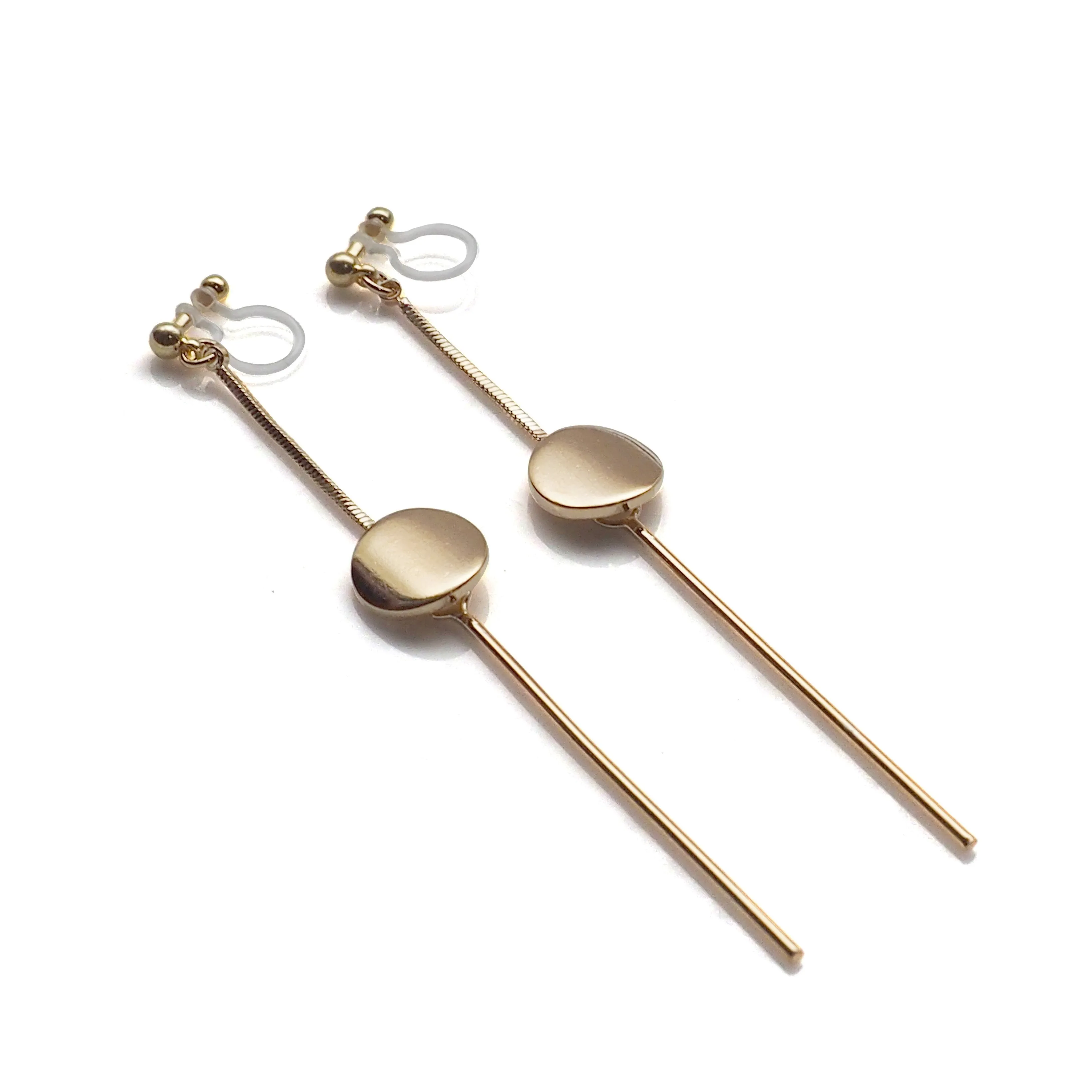 Dangle gold threader with coin invisible clip on earrings