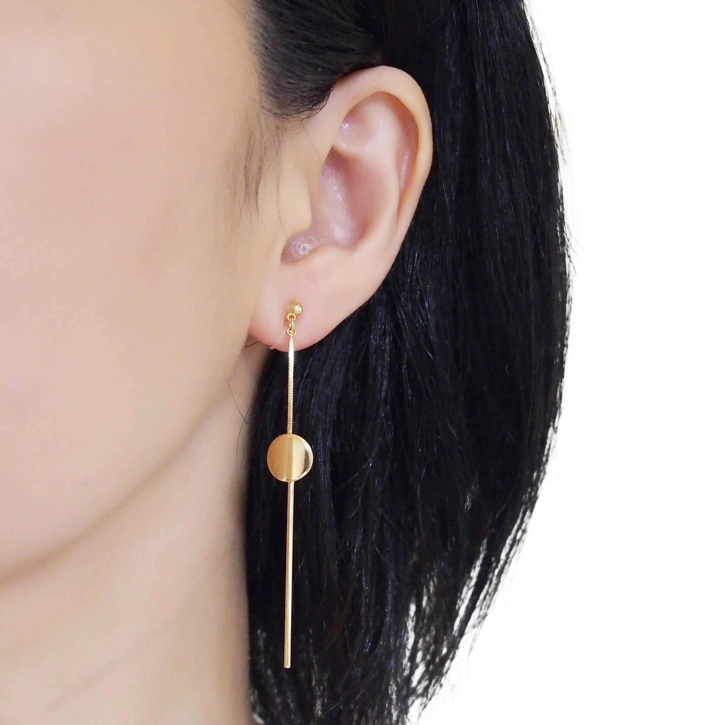 Dangle gold threader with coin invisible clip on earrings