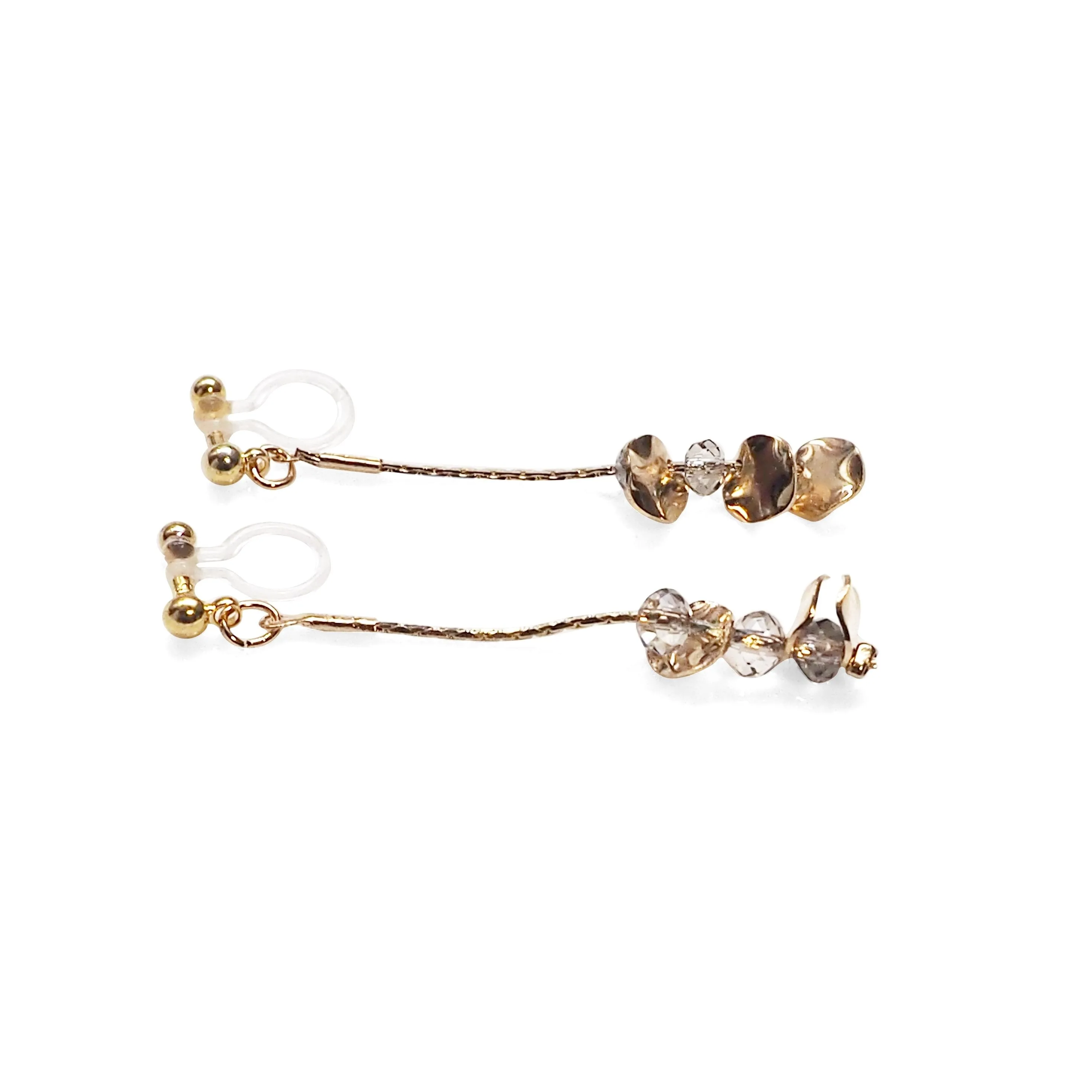 Dangle gray crystal & gold coin invisible clip on earrings